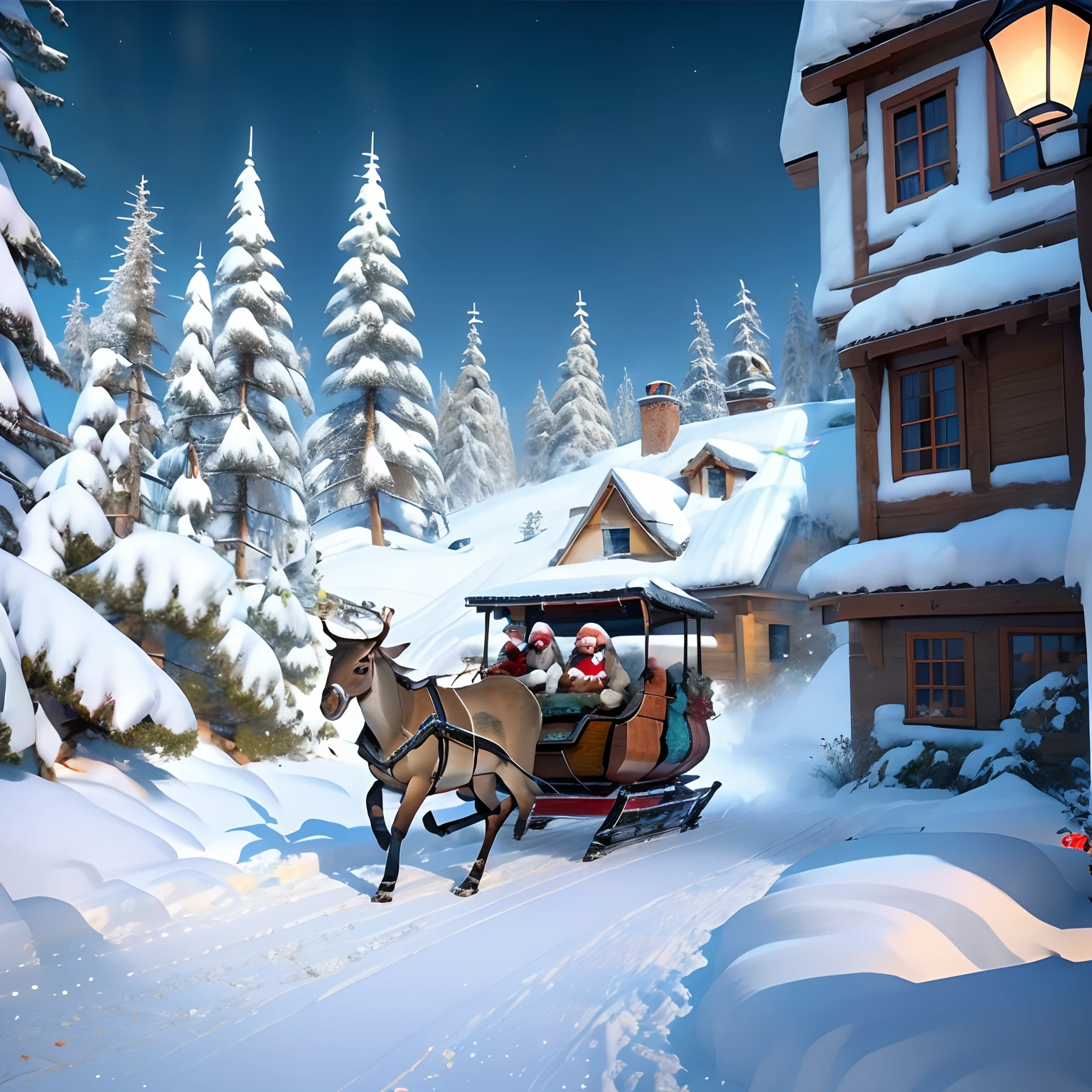 Deformed, winter scenery, Santa riding sled 🛷, deer driving Santa riding sled 🦌, sled 🛷 contains a gift packed in a white cloth bag ✨🎁✨. The view is fantasy. There are gorgeous people somewhere who can light up snowflakes and beans shining here and there at night, hdr, 4k, uhd, VAE, masterpiece, Ultra details, Ultra quality, super beautiful shape, symmetrical left and right,