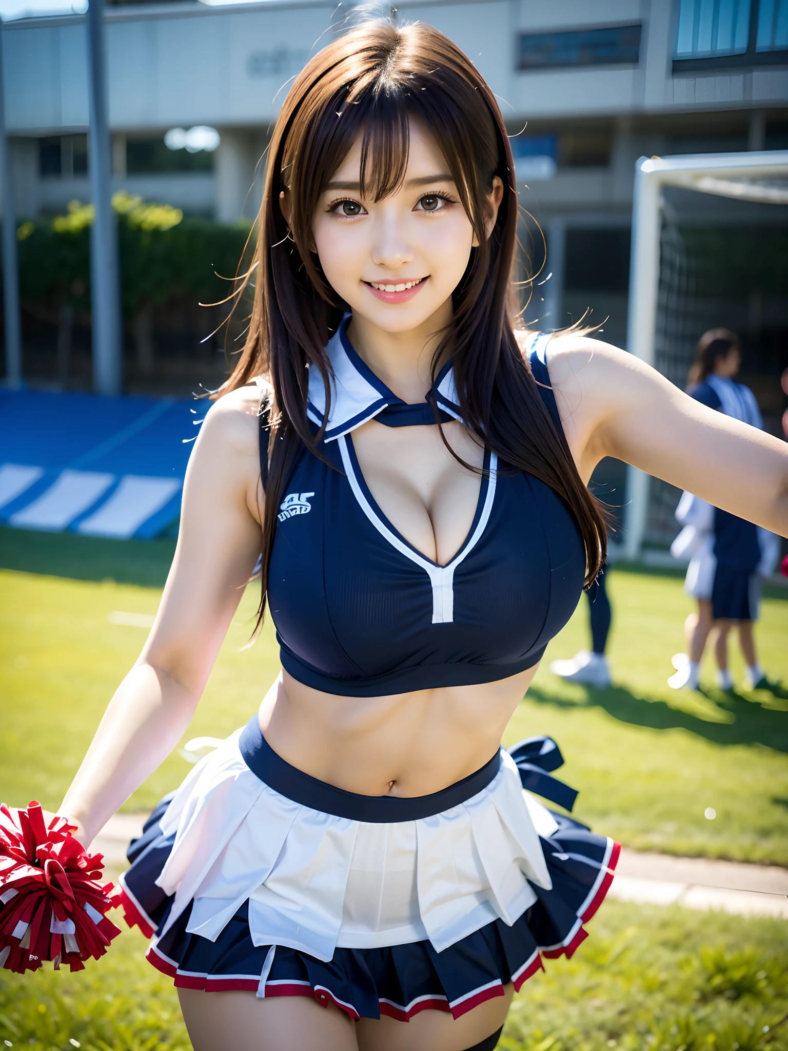 Alafed cheerleader in uniform at a soccer match, Realistic Young Gravure Idol, Anime girl cosplay, real life anime girl, Tifa, Tifa Lockhart, Young skinny gravure idol, Engaging pose, 4K], 4 k ], charming anime girls, sakimichan hdri, Young Gravure Idol, Young Sensual Gravure Idol