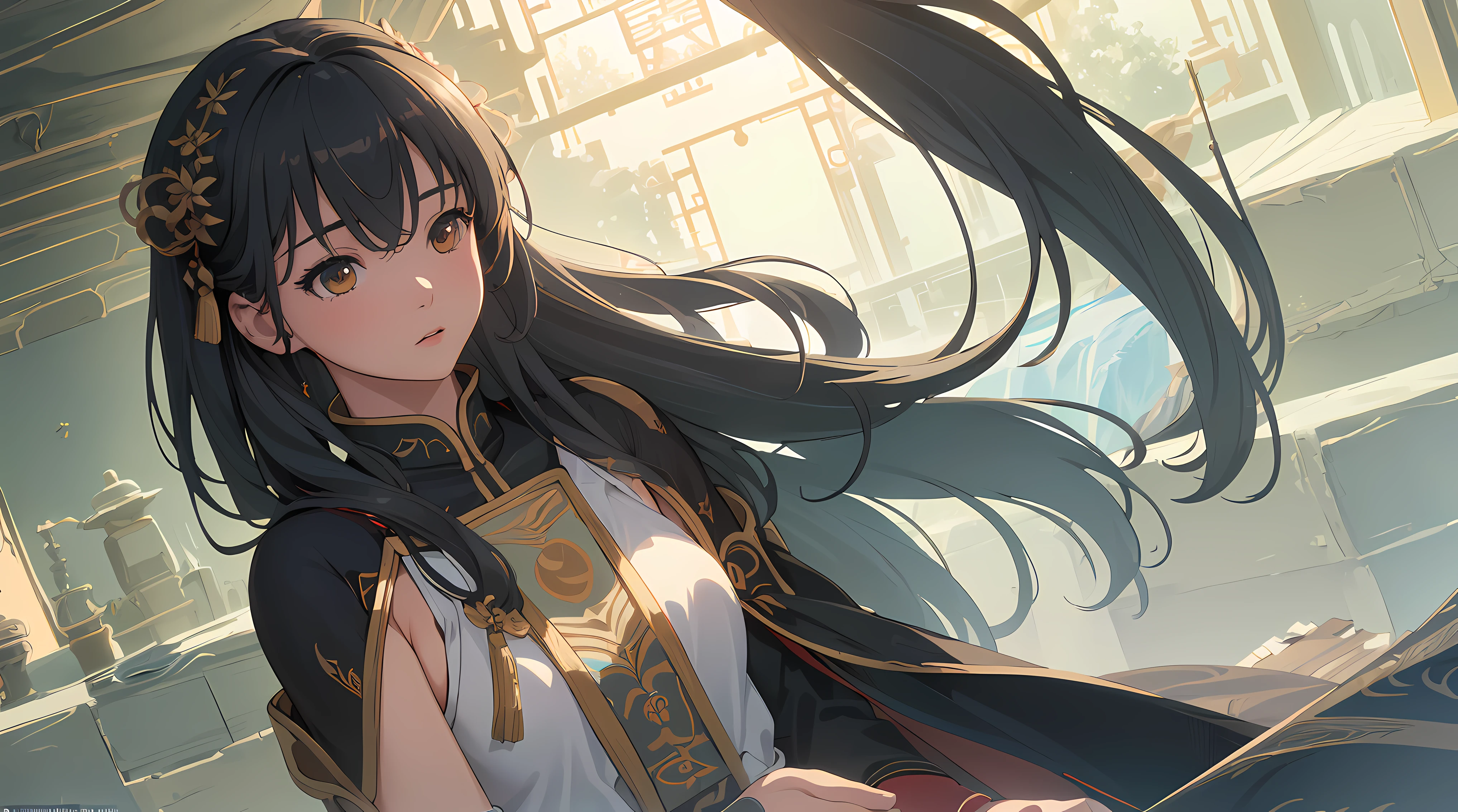 (RAW photo, best quality), (realistic, photo-realistic:1.3),best quality,highly detailed,masterpiece,ultra-detailed,illustration,1girl,upper_body,dynamic angle,world masterpiece theater,messy_long_hair,best quality,extremely detailed CG unity 8k wallpaper,ink,Amazing,cinematic lighting,lens_flare, dunhuang_style