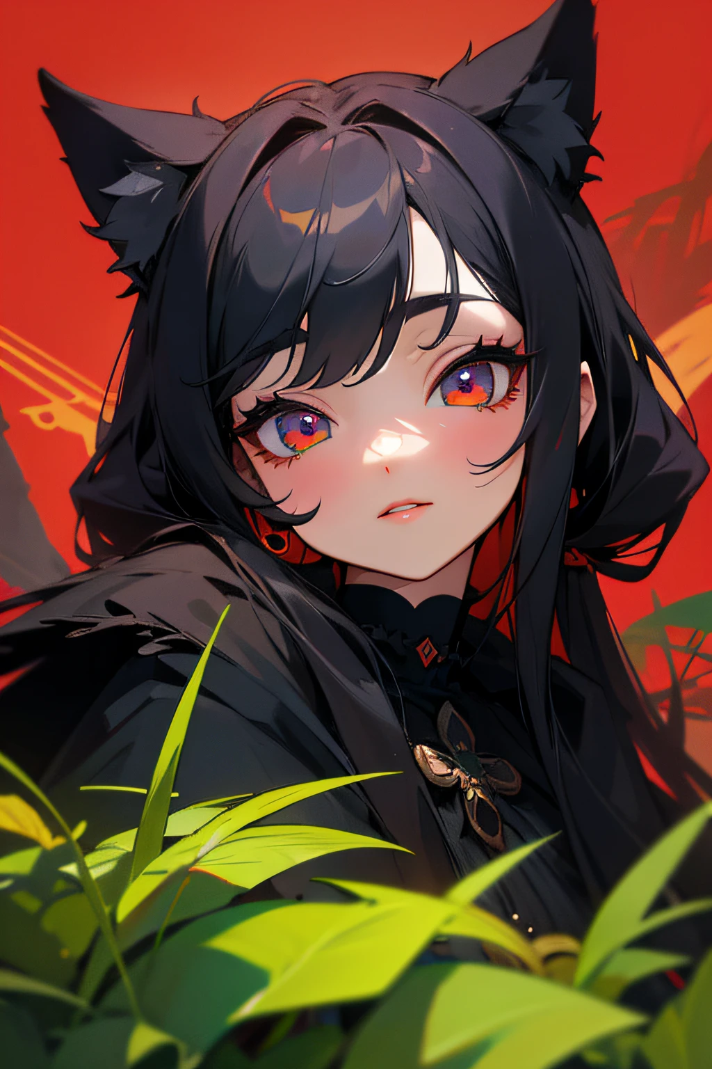 (hight resolution,Masterpiece:1.2),Vivid colors,beautiful detail eyes,beautiful detailed lips,long eyelashes,black coat,fluffy fur,cute expression,Feline Grace,Let's move on to the camera,on a red background,Greenery and plants on stage, looking up at the camera