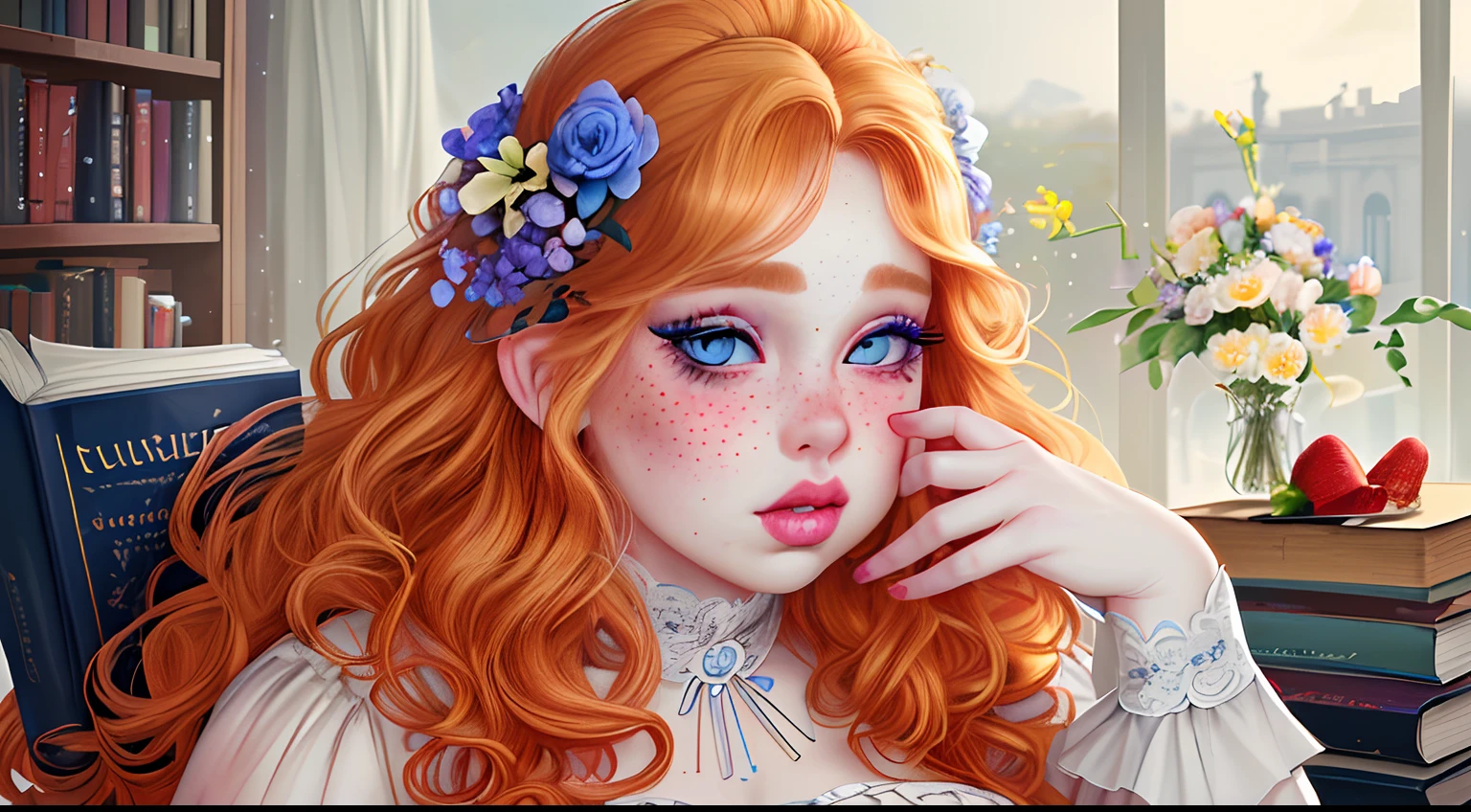 (best quality,highres),(realistic),(portrait),(studio lighting),(vivid colors),(soft),(chubby),(pale skin),(freckles),(strawberry blonde),(blue eyes),(big eyelashes),(big lips),(long hair with curled tips),(flowers),(books), Plus size, chubby, big hips, big waist, big thighs, long hair with curled tips, pale skin, freckles, strawberry blonde, blue eyes, big eyelashes, big lips, flowers, books