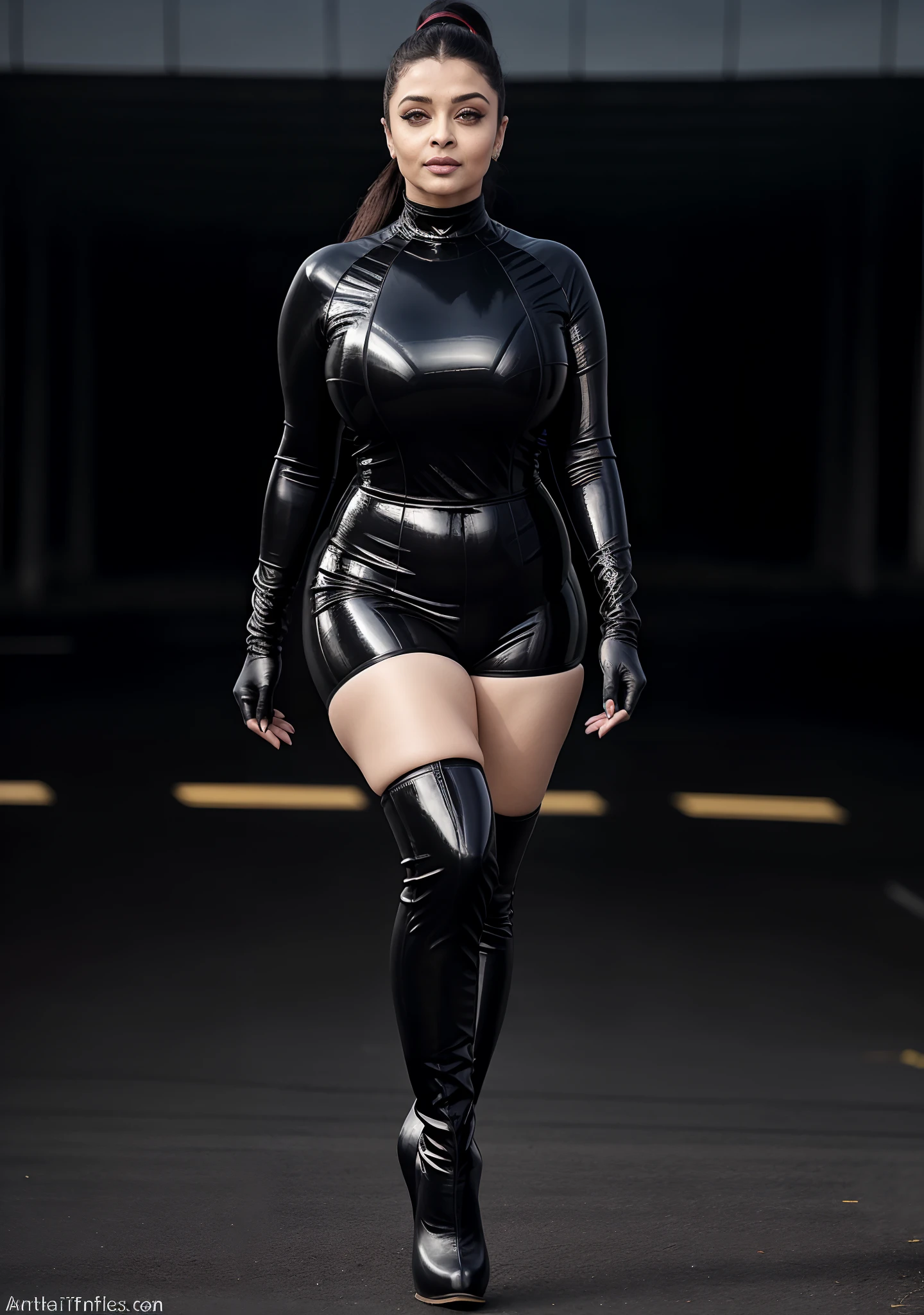 Aishwarya Rai, tight black latex suit, knee high boots, ponytail tied hair, erotica, bright sunny day scene, athletic curvy milf body, posing in middle of crossroad, hourglass milf figure, seductive expression on her face, looking straight at camera, 49 yo milf, soft volumetric lights, intricate details, (ArtStation:1.2)