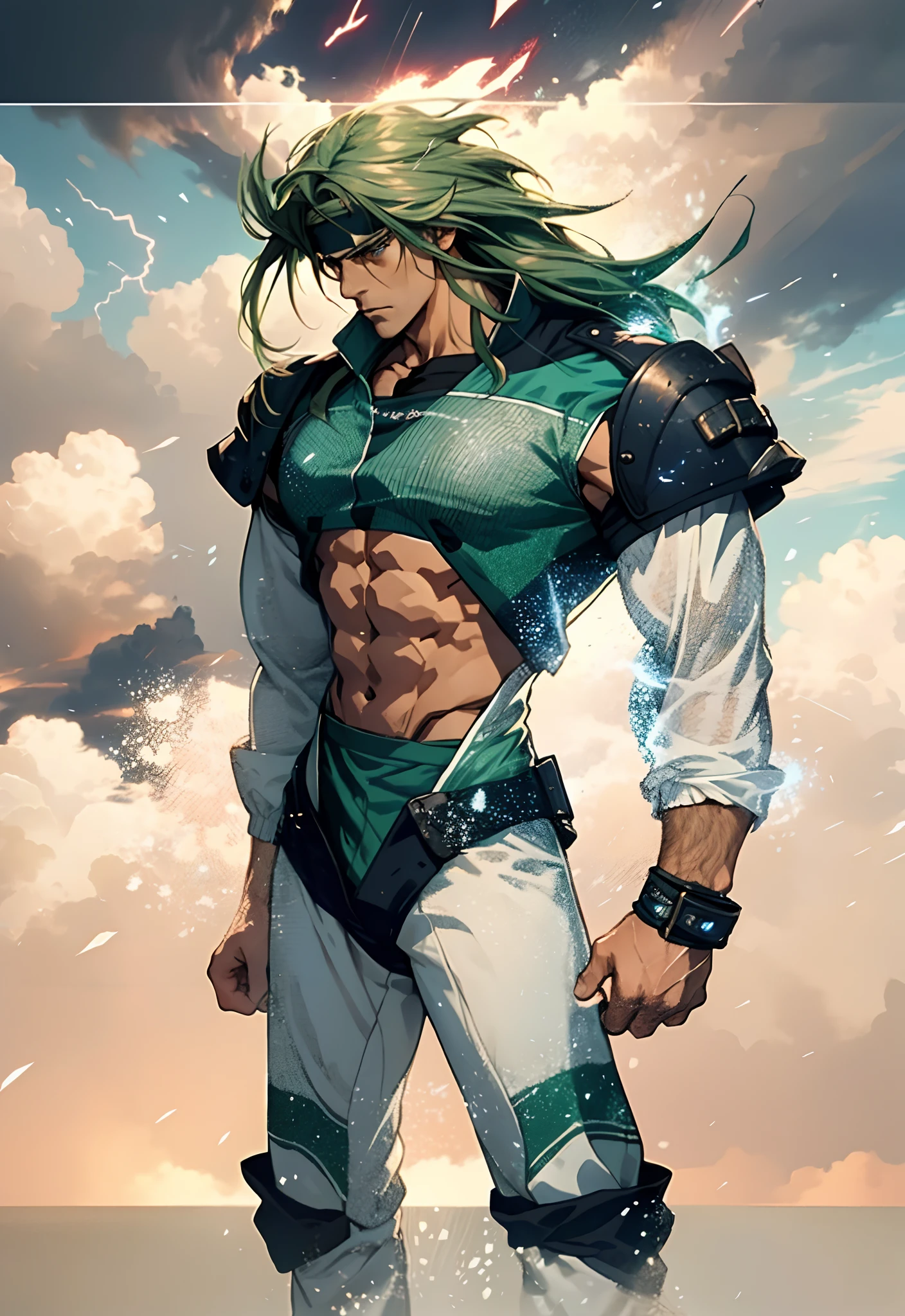 A middle-aged man, dark green long hair, wildly disheveled and exaggerated hairstyle, a headband, no eyebrows, a stern gaze, a well-defined facial structure, a tall and muscular physique, a fantasy-realistic style outfit, only a half-length windbreaker coat, sleeveless, revealing sturdy abdominal muscles, wearing wrist guards, matching trousers with the outfit, standing like a deity, dark clouds gathering in the sky, flashes of lightning and thunder, wild winds swirling around, this character embodies a finely crafted fantasy-style wild overlord in anime style, characterized by an exquisite and mature manga illustration art style, high definition, best quality, highres, ultra-detailed, ultra-fine painting, extremely delicate, professional, anatomically correct, symmetrical face, extremely detailed eyes and face, high quality eyes, creativity, RAW photo, UHD, 8k, Natural light, cinematic lighting, masterpiece--perfect, masterpiece:1.5