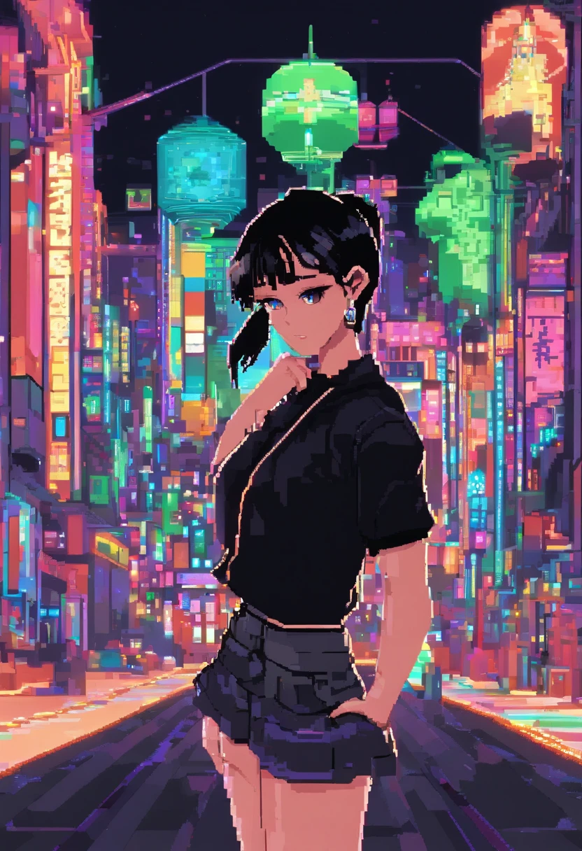 Anime afemined boy , with black hair tied like a ponytail, green eyes, wearing crop tops, black mini skirt, high top sneakers, earrings, erotic pose, night place with neon lights
