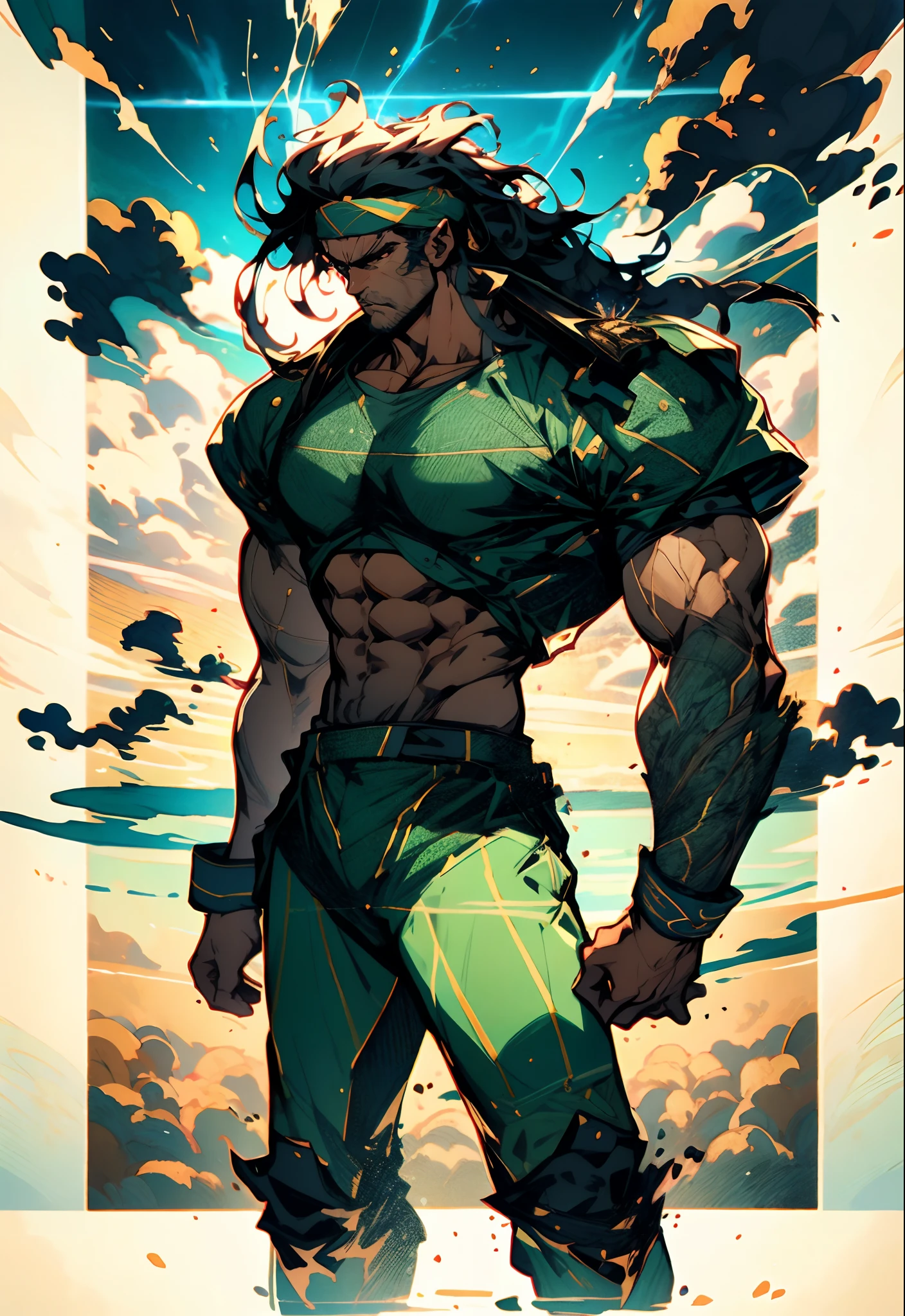 A middle-aged man, dark green long hair, wildly disheveled and exaggerated hairstyle, a headband, no eyebrows, a stern gaze, a well-defined facial structure, a tall and muscular physique, a fantasy-realistic style outfit, only a half-length windbreaker coat, sleeveless, revealing sturdy abdominal muscles, wearing wrist guards, matching trousers with the outfit, standing like a deity, dark clouds gathering in the sky, flashes of lightning and thunder, wild winds swirling around, this character embodies a finely crafted fantasy-style wild overlord in anime style, characterized by an exquisite and mature manga illustration art style, high definition, best quality, highres, ultra-detailed, ultra-fine painting, extremely delicate, professional, anatomically correct, symmetrical face, extremely detailed eyes and face, high quality eyes, creativity, RAW photo, UHD, 8k, Natural light, cinematic lighting, masterpiece-anatomy-perfect, masterpiece:1.5