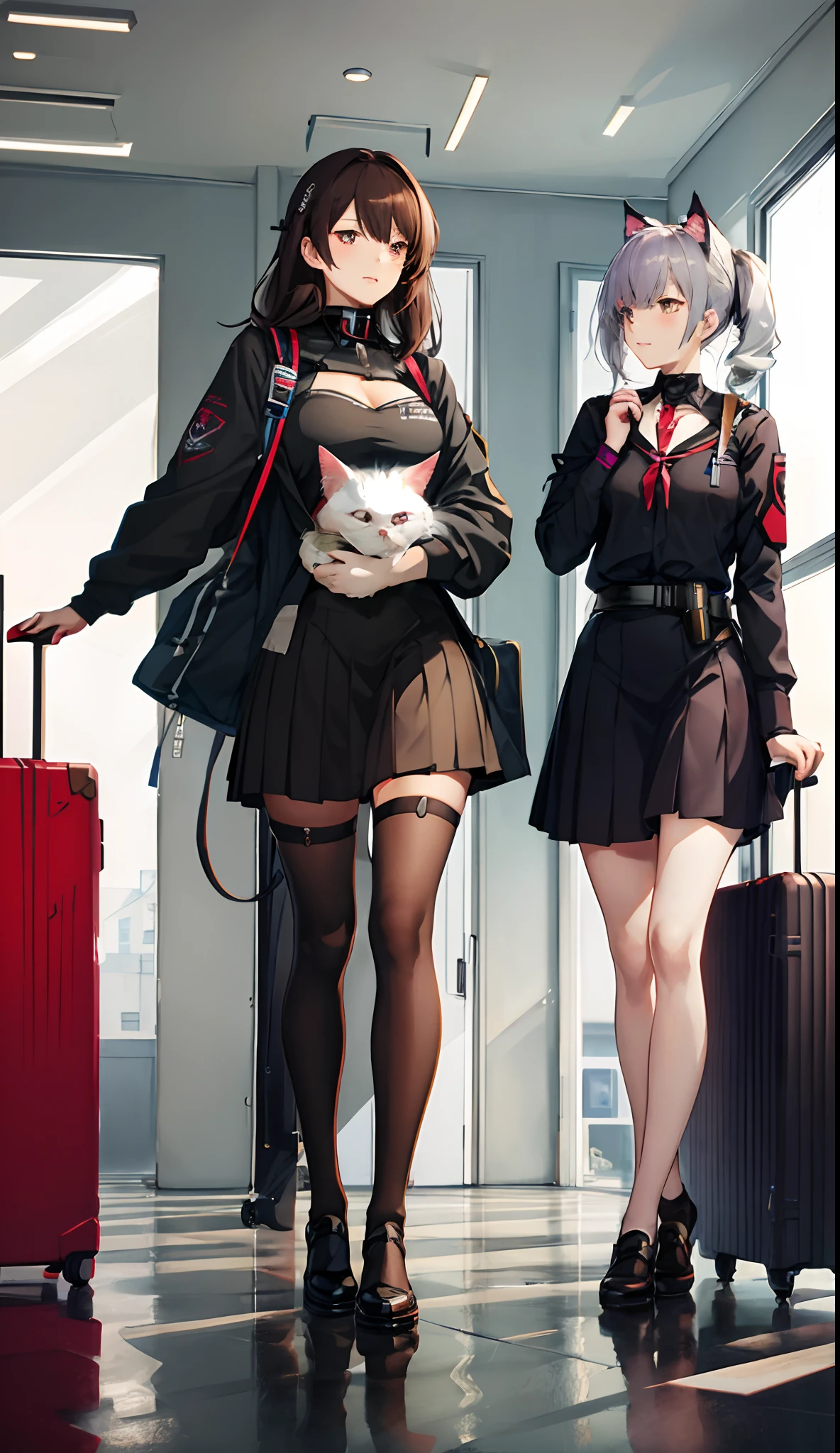 anime girl with a suitcase and a cat in a room, an anime drawing by Shinoda Toko, trending on pixiv, dreamlike realism, Fine details. Girl Front, Surrealism female students, Surrealism female students, Realistic schoolgirl, from girls frontline, girls frontline style, azur lane style, (sfv) safe to work