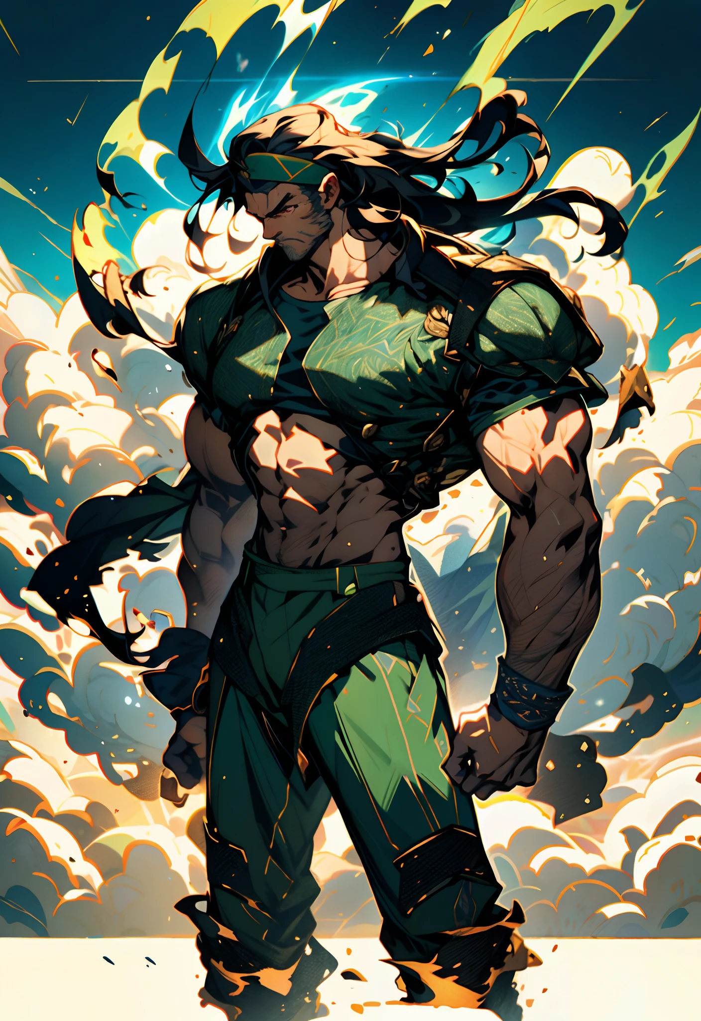 A middle-aged man, dark green long hair, wildly disheveled and exaggerated hairstyle, a headband, no eyebrows, a stern gaze, a well-defined facial structure, a tall and muscular physique, a fantasy-realistic style outfit, only a half-length windbreaker coat, sleeveless, revealing sturdy abdominal muscles, wearing wrist guards, matching trousers with the outfit, standing like a deity, dark clouds gathering in the sky, flashes of lightning and thunder, wild winds swirling around, this character embodies a finely crafted fantasy-style wild overlord in anime style, characterized by an exquisite and mature manga illustration art style, high definition, best quality, highres, ultra-detailed, ultra-fine painting, extremely delicate, professional, anatomically correct, symmetrical face, extremely detailed eyes and face, high quality eyes, creativity, RAW photo, UHD, 8k, Natural light, cinematic lighting, masterpiece-anatomy-perfect, masterpiece:1.5