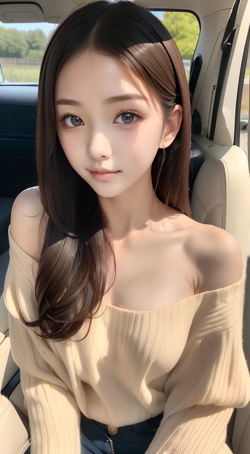 masutepiece, Best Quality, One girl, (Japan beautiful girl:1.3), (:1.3), ((Japan high school girls)),Very fine eye definition, (Symmetrical eyes:1.3), Beautiful medium milk, Brown eyes, Parted bangs, boa,((Loose long knitwear))、(Put your shoulders out),No bra,in car,(Car passenger seat),Sit up,(beautiful thin legs)