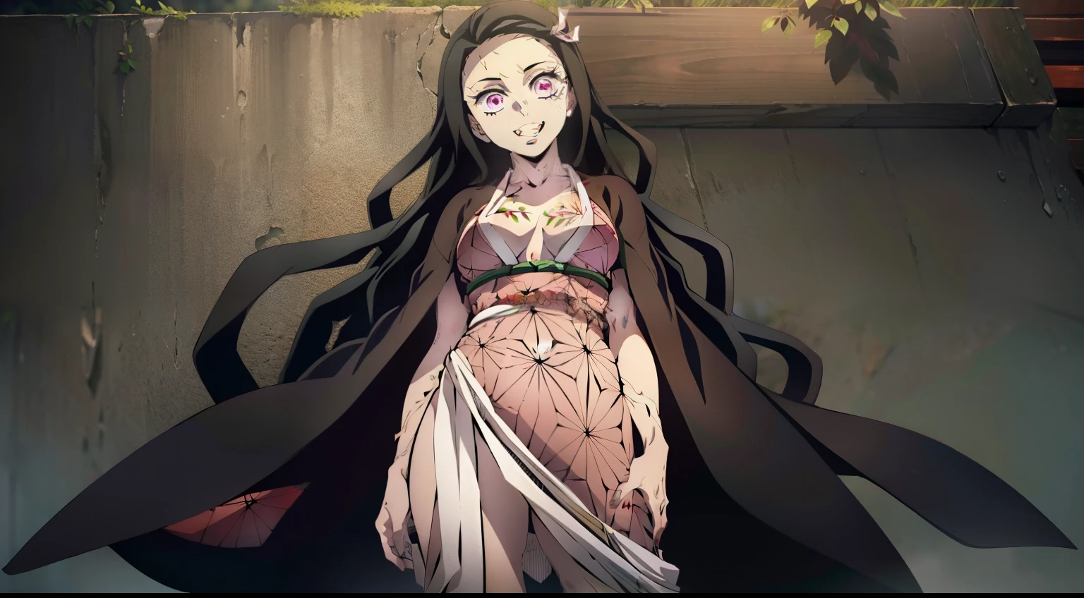 Erotica, Very sexy ass, waist, legsupms, Extraordinarily beautiful composition, erotic pose, (Body Full 1.1.), ultra sharp image, Beautiful figure, Gloomy sexy pose background, in full height, ssmile, Adorable smile, leaning on the wall, stands sideways, ultra detail face, Ultra Transparent, Nezuko Kamado from Demon Slayer, ultra sharp image, Ultra Beautiful, lovely small breasts. black hair, Transition to red, Japanese bath, Beautiful figure, taut clothes, black cape on pink kimano, big breastes, Smiling, green colored eyes, handsome body, sexy clothes, Beautiful eyes, very detailed eyes, Very detailed face, handsome body, Cherecter Desing, Sex position, Very detailed, Detailed body, Detailed hands, Detailed, Vibrants, Detailed Face, sharp-focus, WLOP, artgerm, anime art, Vibrants, Detailed Face, Hugh Details, sharp-focus, Very drooping face, A detailed eye, super fine illustration, better shadow, finely detail, Beautiful detail