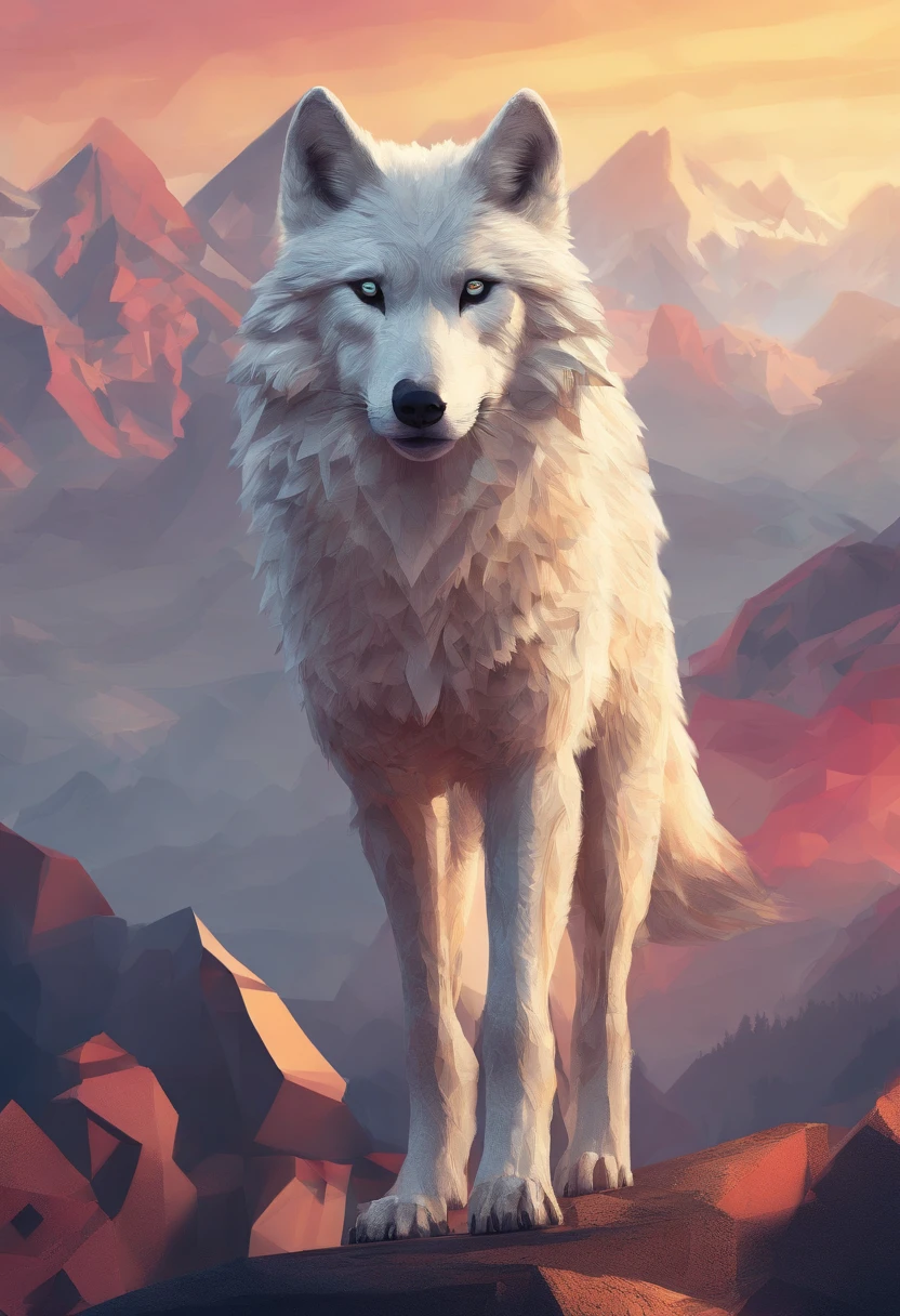 A white wolf in the form of a humanoid stands majestically in front of a beautiful sunset. Warm light illuminates its intricate features, Accentuate the delicate fur pattern and flattering eyes. The wolf's posture exudes confidence and grace, It holds its head high,The breeze blows its fur. The scene is rendered with a mesmerizing light wave effect, Create a fantastic atmosphere. The overall image is very detailed, A complex game,The fine texture of wolf fur as well as shadows and light are shown.
