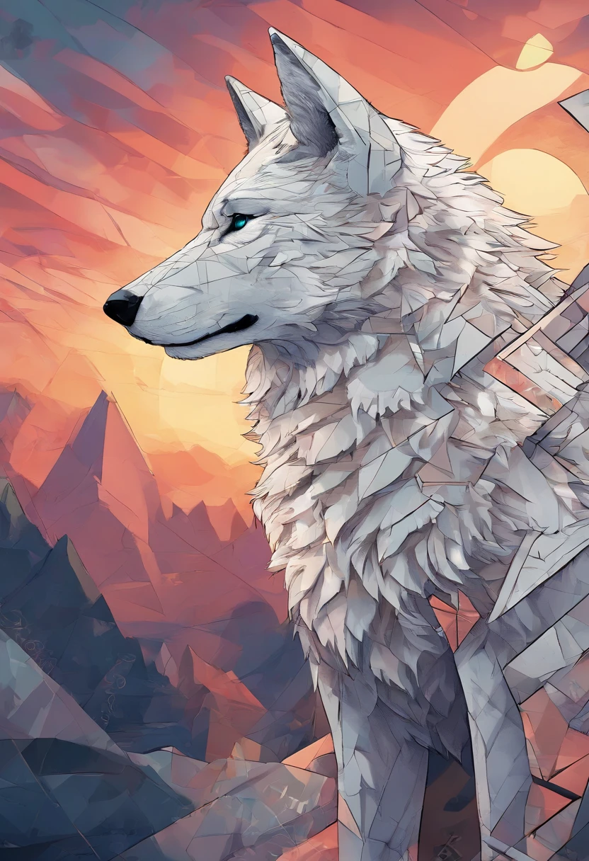 A white wolf in the form of a humanoid stands majestically in front of a beautiful sunset. Warm light illuminates its intricate features, Accentuate the delicate fur pattern and flattering eyes. The wolf's posture exudes confidence and grace, It holds its head high，The breeze blows its fur. The scene is rendered with a mesmerizing light wave effect, Create a fantastic atmosphere. The overall image is very detailed, A complex game，The fine texture of wolf fur as well as shadows and light are shown.