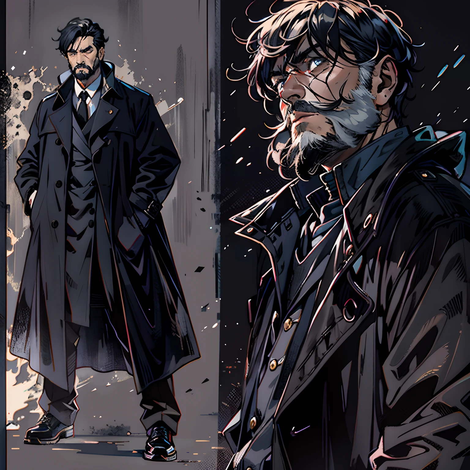The Agent is a old man with medium black hair and a beard,Wears a large black trench coat with a black pattern。It is completely two extremes with a stern face。Dark theme, optic, fanciful。