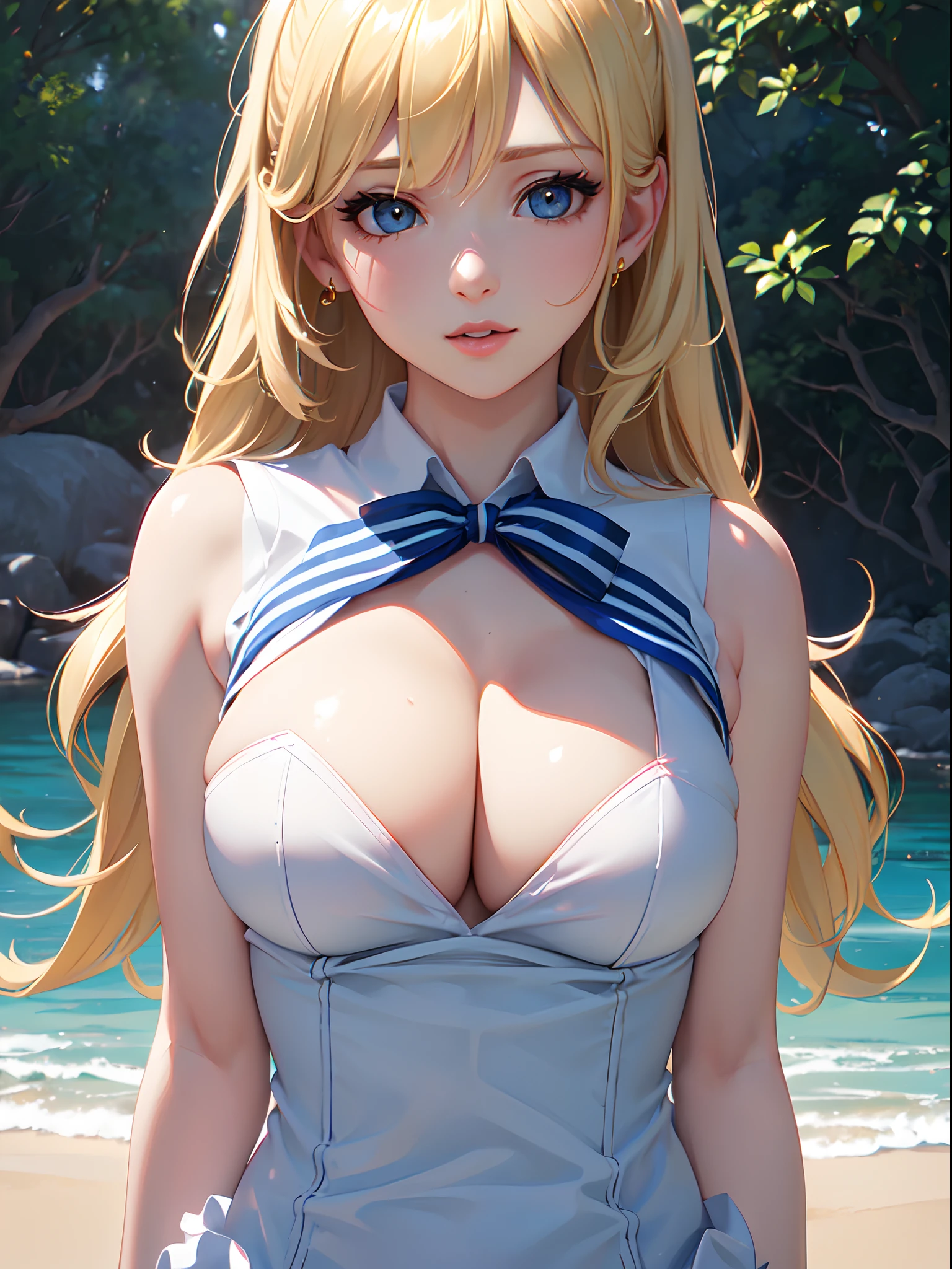 close up of face,  (large breasts), (cleavage),  ((Smooth texture, Realistic texture, Photorealistic)),  (Detailed beautiful eyes, Beautiful eyelashes, emerald eyes), blonde medium hair, extremely detailed CG unified 8k wallpaper, very fine 8KCG wallpaper, (​masterpiece, Best Quality), High resolution, Ultra-detailed, ultra-sharp, 1 woman,  at poolside,  ((( shee rwhite sailor shirt, Sleeveless, Open front))),   (Beautiful face, Cute face, Detailed face),   (((Sunny))), Perfect Eyes Eyes