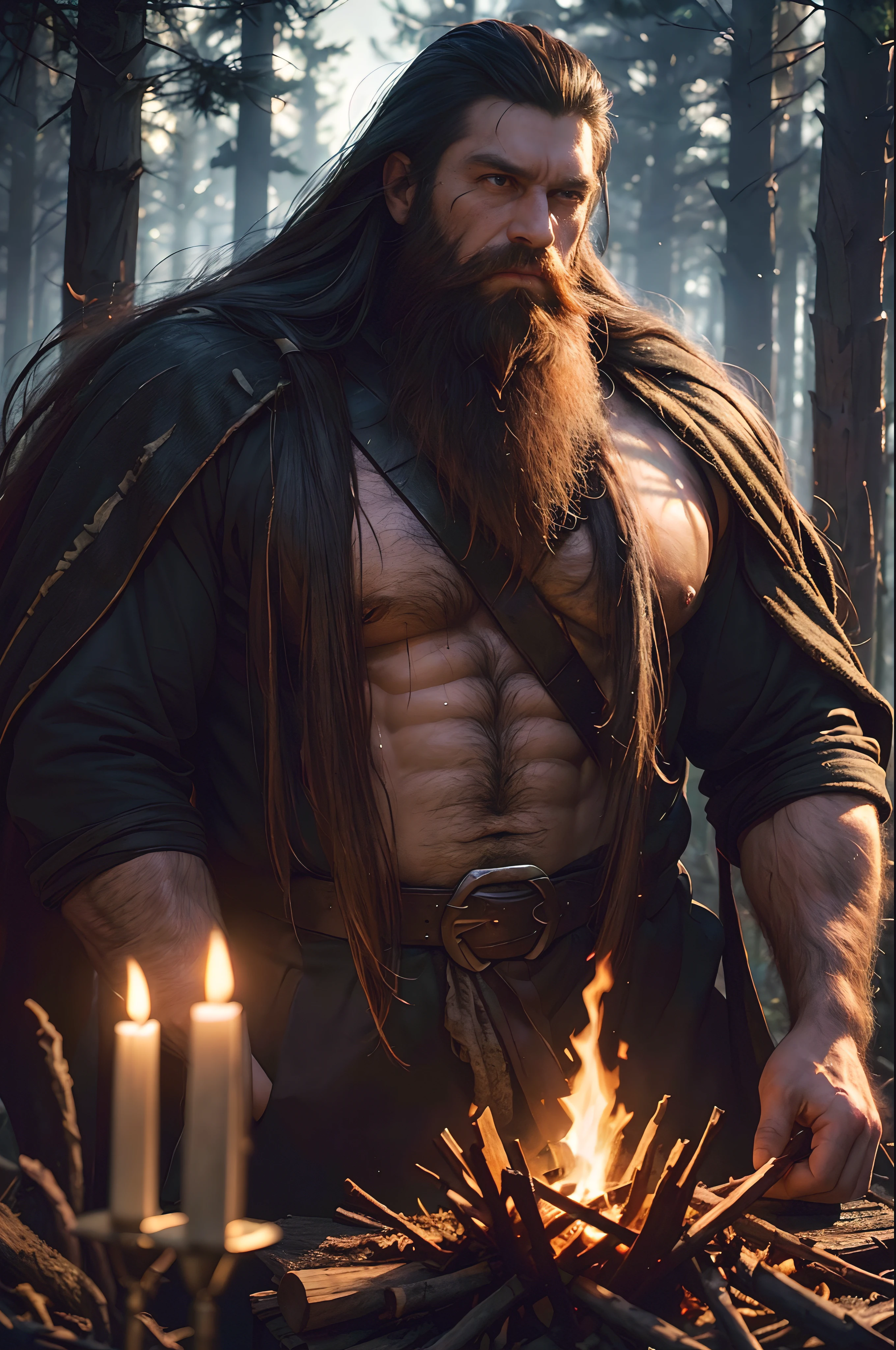 (giant man), (long hairs, long beard), (muscular body), (tired), (hungry), (sweaty), (woods), (night), (bonfire), (eating food), (best quality, 4k, highres, masterpiece:1.2), (ultra-detailed), (realistic:1.37), (HDR), (vivid colors), (concept artists), (dark, mysterious), (warm tones), (soft lighting)