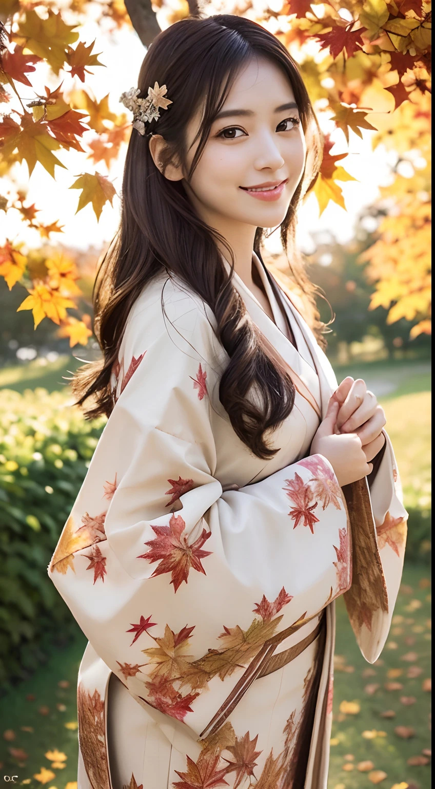 (Photorealsitic:1.4), (Top image quality:1.0), (超A high resolution:1.0), 8K, Raw photography, (masterpiece:0.2), (pureerosface_v1:0.5)、(Best Quality Detail:1.2)、realisitic、8K UHD、hight resolution、(1girl in:1.2)、The ultra-detailliert、High quality textures、intricate detailes、detaileds、Very detailed CG、High quality shadows、Detail Beautiful delicate face、Detail Beautiful delicate eyes、depth of fields、Ray traching,1girl in, japanaese girl, Cute, Kimono、Floral scrunchie, Beautiful skin, You can see beautiful legs、Align your hands elegantly,Smile faintly The Land of Japan,Japanese garden,Luxury Japanese-style room, (In rows of maple trees:1.2), ((Autumn foliage scenery:1.3)), skyporn, Magic Hour, (Realistic:1.3), Finely detailed, quality, (masutepiece:1.2), (Photorealistic:1.2), (Best Quality), (Intricate details), Dramatic, Ray tracing, photograph, +Lola