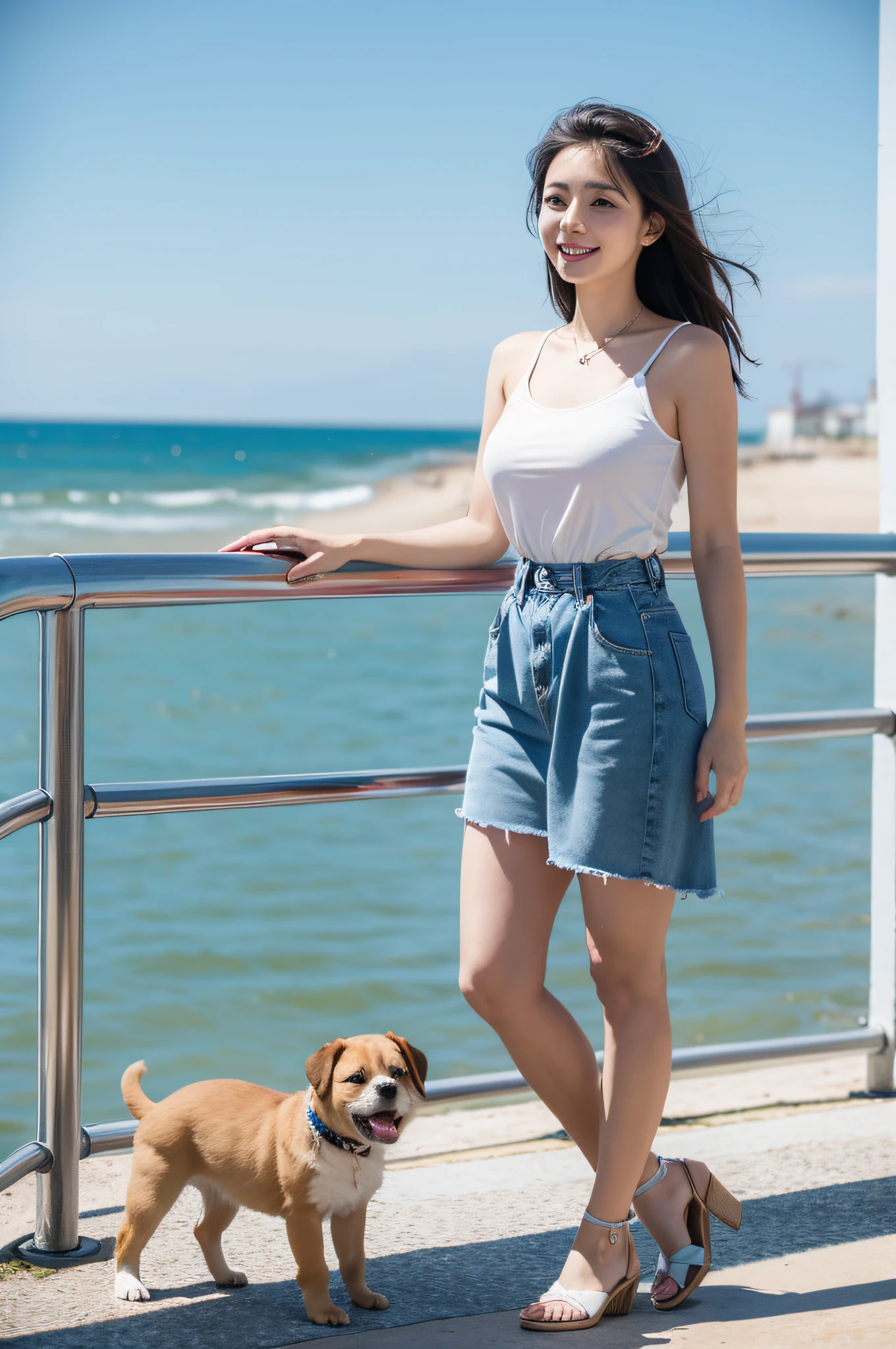 Woman,3 people,One puppy, Seafront,seaside, Sunny weather,high resolucion
