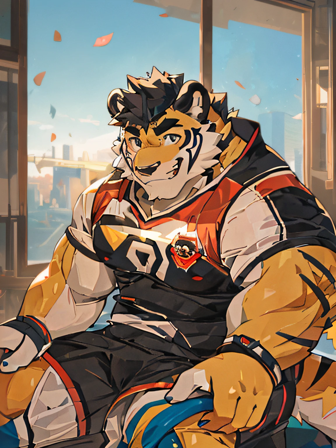 Masterpiece,Best quality,Detailed background,hi,It's nothing,nj5furry,window,Sunlight,One plant name is forget-me-not, Solo,solofocus,Male,Male focus,anthro,Tiger or dog,(sport:1.5), (Yellow-fur,,Black eyebrows:1.5),view the viewer, Elaborate Eyes,Detailed eyes,Onyx eyes,Puppeteer,5 fingers, (tee shirt),Smile with flowers in hand,Waiting for someone to bring him down,yaoi,Strong body,Majesty,