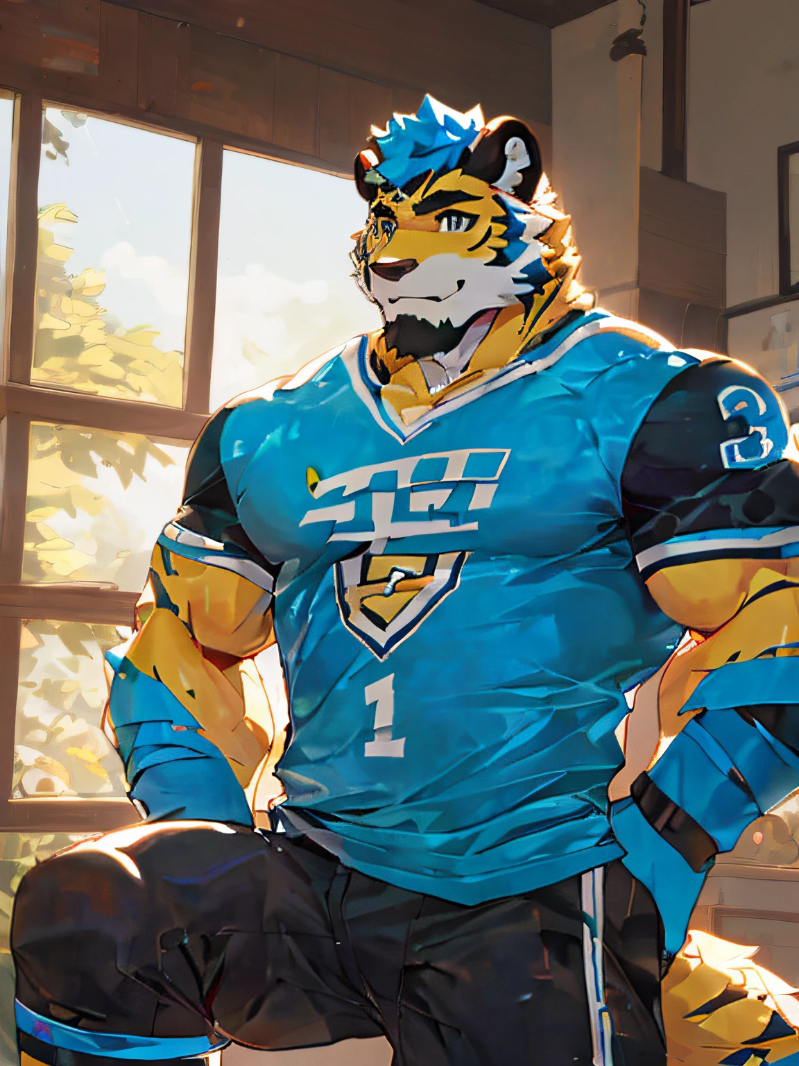 Masterpiece,Best quality,Detailed background,hi,It's nothing,nj5furry,window,Sunlight,One plant name is forget-me-not, Solo,solofocus,Male,Male focus,anthro,Tiger or dog,(sport:1.5), (Yellow-fur,,Black eyebrows:1.5),view the viewer, Elaborate Eyes,Detailed eyes,Onyx eyes,Puppeteer,5 fingers, (tee shirt),Smile with flowers in hand,Waiting for someone to bring him down,yaoi,Strong body,Majesty,