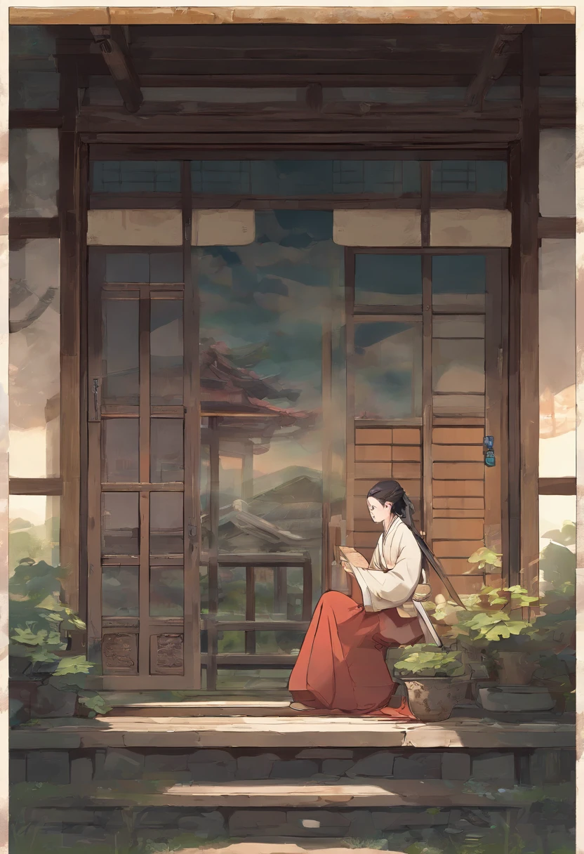 Outside the round window, there is a backdrop of the Joseon Dynasty with thatched houses and hanoks, And inside the window is a family house in an apartment in the city. A woman in a ponytail is holding a sword and looking out the window. With a solemn appearance.