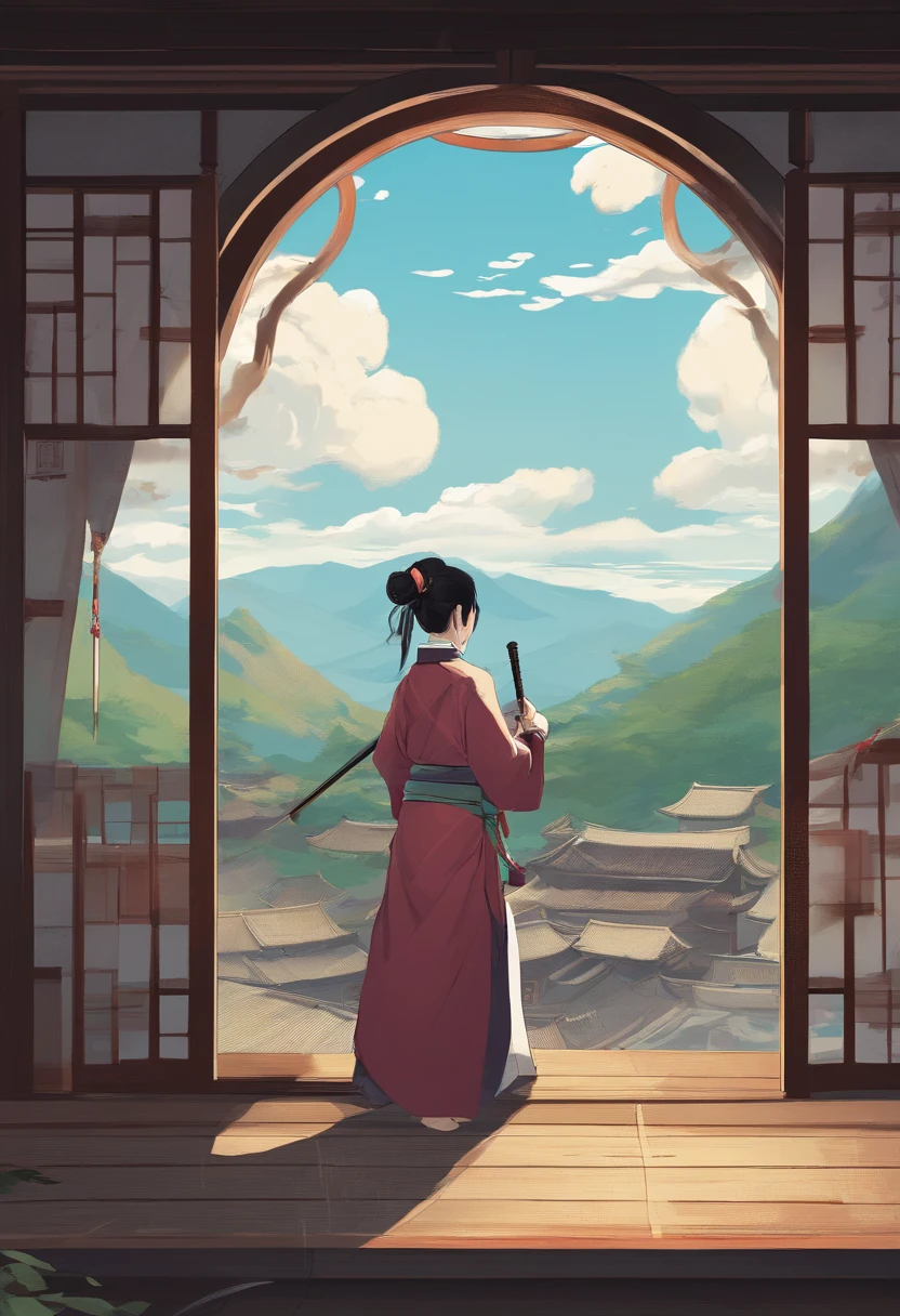 Outside the round window, there is a backdrop of the Joseon Dynasty with thatched houses and hanoks, And inside the window is a family house in an apartment in the city. A woman in a ponytail is holding a sword and looking out the window. With a solemn appearance.