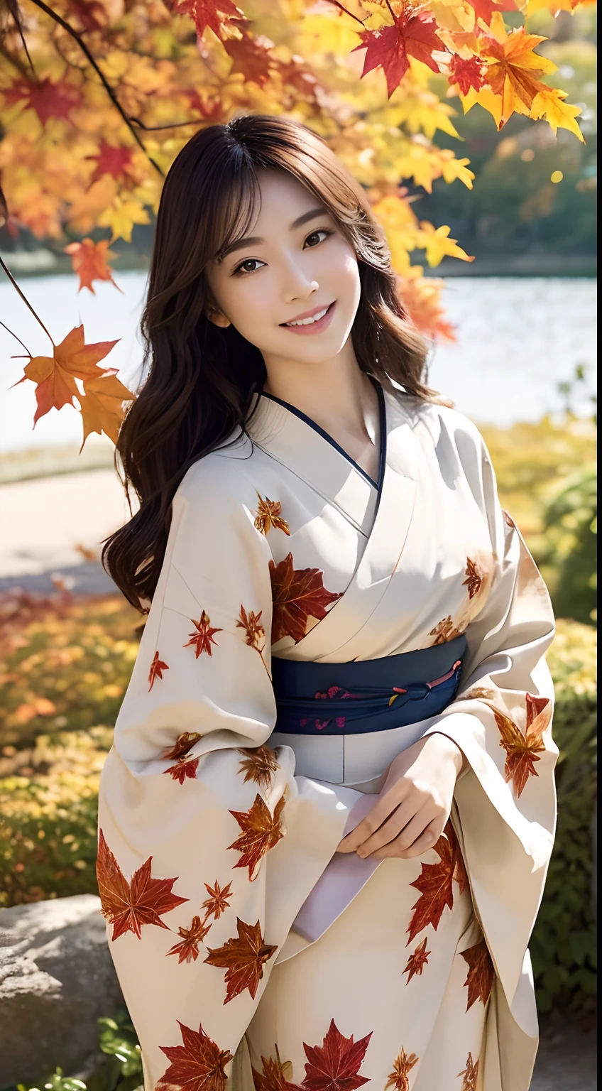 (Photorealsitic:1.4), (Top image quality:1.0), (超A high resolution:1.0), 8K, Raw photography, (​masterpiece:0.2), (pureerosface_v1:0.5)、(Best Quality Detail:1.2)、realisitic、8K UHD、hight resolution、(1girl in:1.2)、The ultra-detailliert、High quality textures、intricate detailes、detaileds、Very detailed CG、High quality shadows、Detail Beautiful delicate face、Detail Beautiful delicate eyes、depth of fields、Ray traching,1girl in, japanaese girl, Cute, Kimono、Floral scrunchie, Beautiful skin, You can see beautiful legs、Align your hands elegantly,Smile faintly The Land of Japan,Japanese garden,Luxury Japanese-style room, (In rows of maple trees:1.2), ((Autumn foliage scenery:1.3)), skyporn, Magic Hour, (Realistic:1.3), Finely detailed, quality, (masutepiece:1.2), (Photorealistic:1.2), (Best Quality), (Intricate details), Dramatic, Ray tracing, photograph, +Lola
