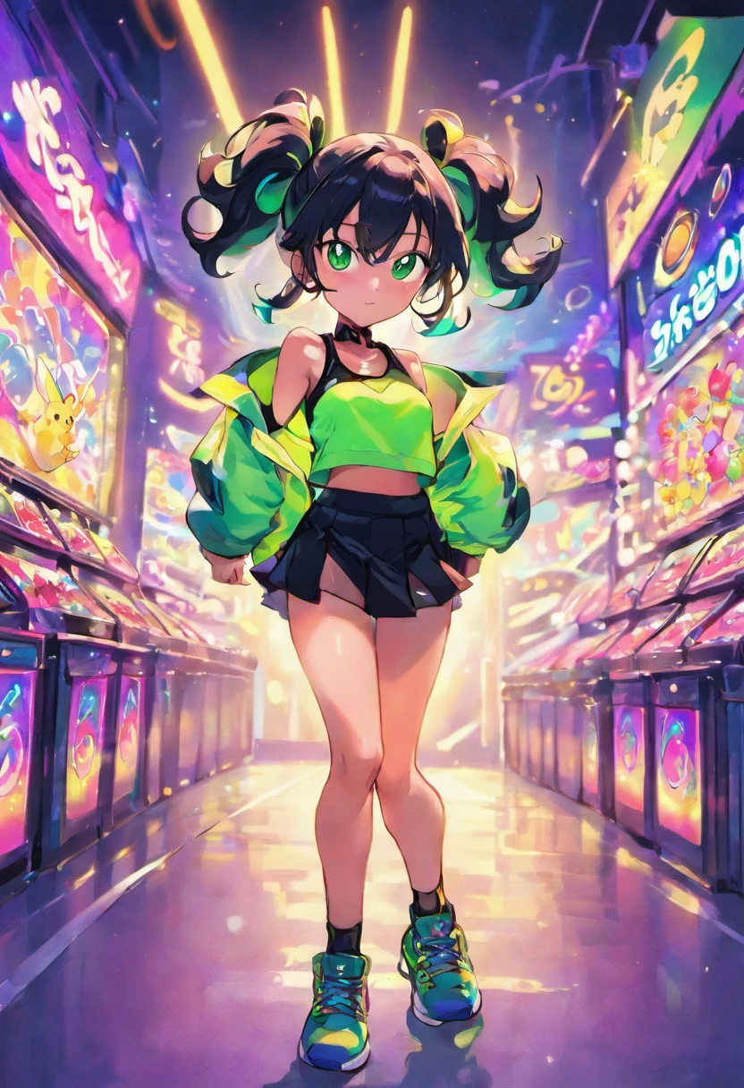 Anime afemined boy , with black hair tied like a ponytail, green eyes, wearing crop tops, black mini skirt, high top sneakers, earrings, erotic pose, night place with neon lights