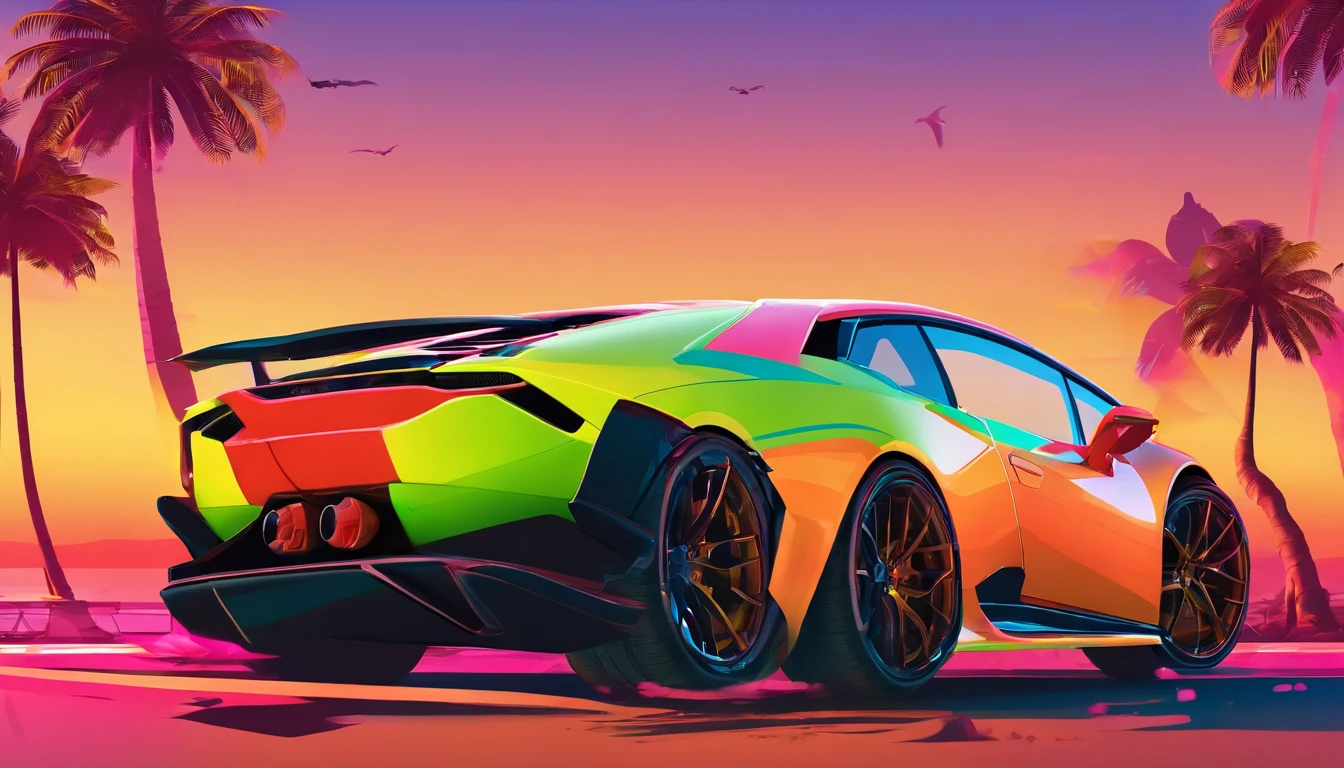 3d , high-quality , artistic , graphic art design of a Lamborghini Huracan sto 2023 , colorful, highly detailed, vector image, realistic masterpiece, , realistic car, amazing vector colour Miami city colourful sunset background with palm trees, colourful artistic background, , 8k