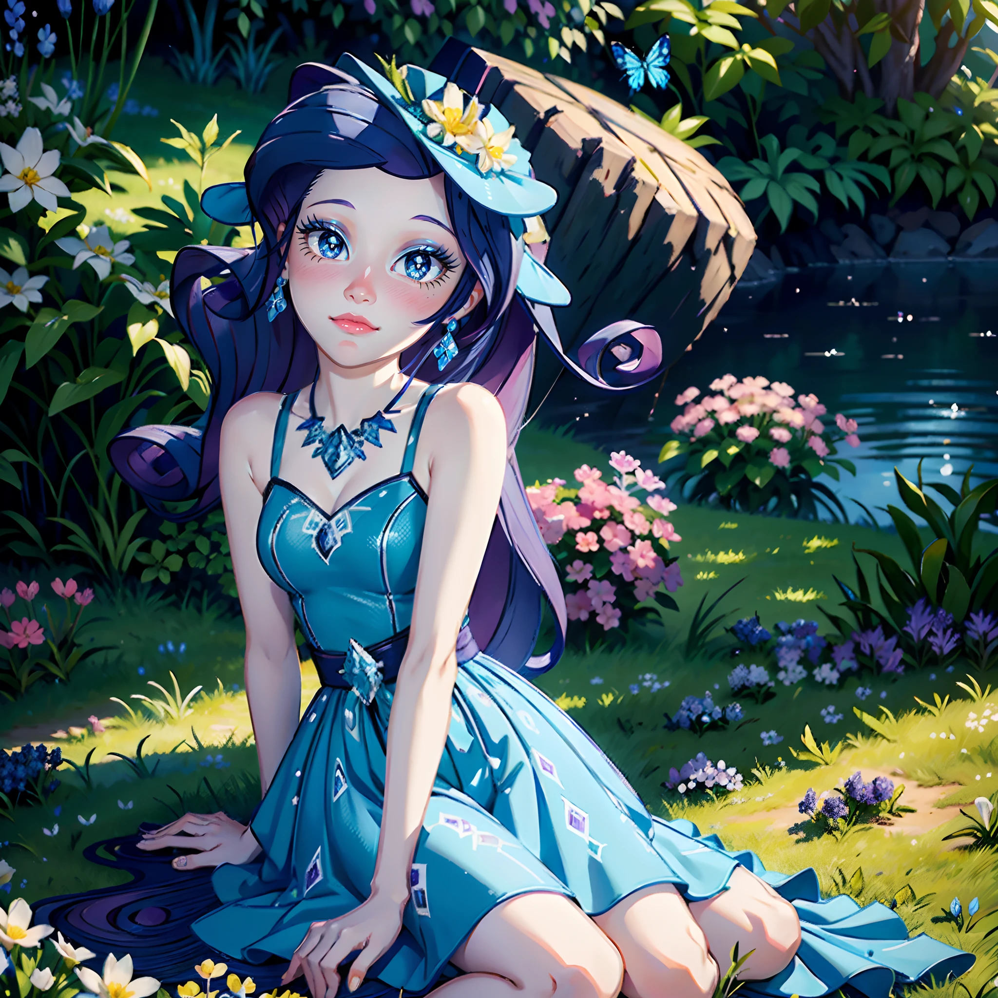 Rarity, rarity from my little pony, rarity in the form of a girl, lushes breast, curvy hips, dark purple curly hair, blue oceanic eyes, white and blue royal dress, in a mythical garden, sitting down on grass, waterfall, blue and white flowers everywhere, barefoot, diamonds earrings, soft decent smile lavender flowers, lily pads on the river, day time, anime sky, beautiful glowing white and blue butterflies, flowers everywhere, leaf vines, clear blue sky, bright day, highly detailed lighting, yellow pour light