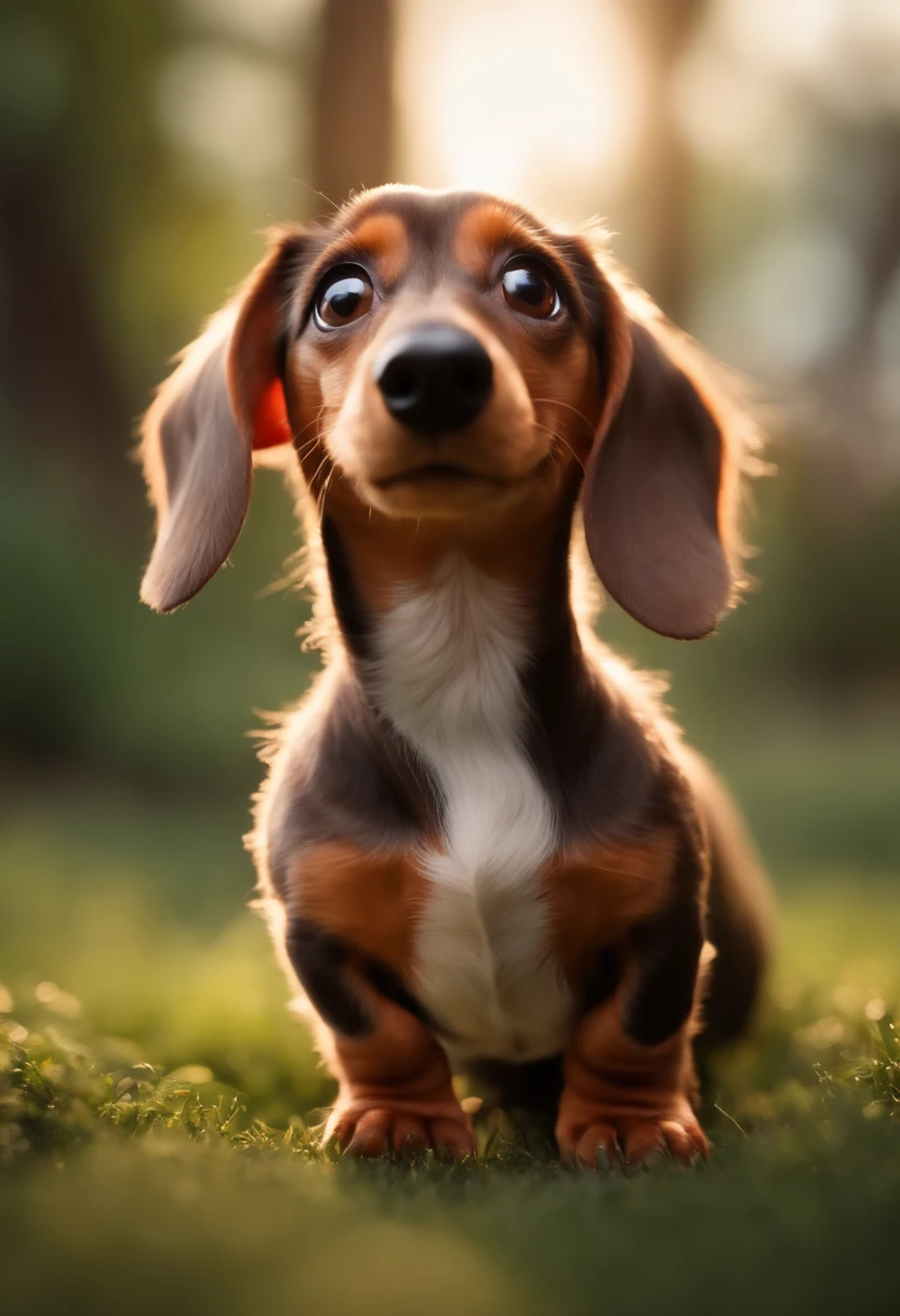 Dachshund, estilo disney, pelo: curto, liso, fundo:Gray and white gradient, Hands raised, sorrindo, feliz, (estilo pixar) (obra-prima:1.2) (bokeh) (melhor qualidade) (pele detalhada) (textura detalhada) (8k) (claymation) (cinematic lighthing) (foco nítido