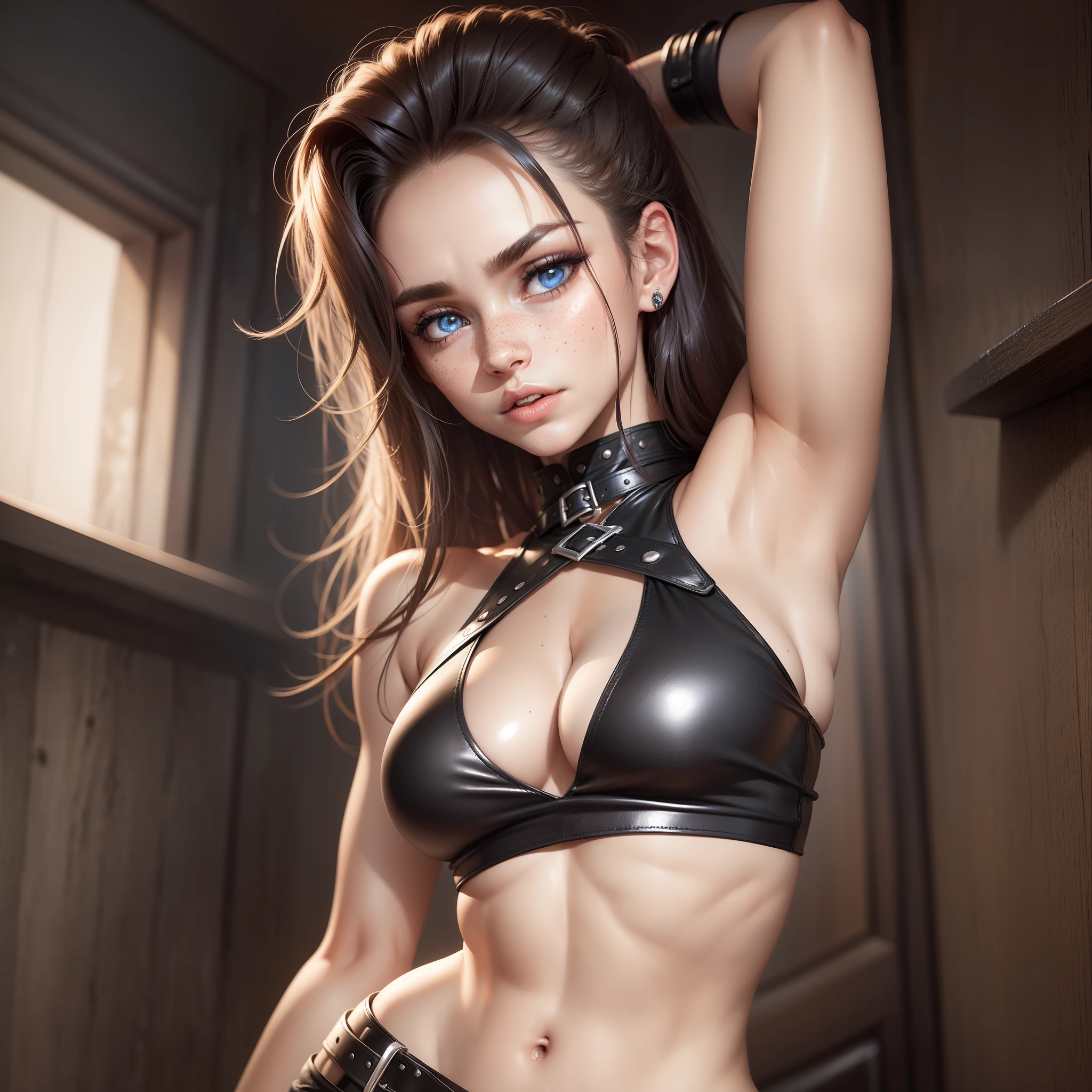 20 year old beautiful female face, wearing a black leather mini skirt and black leather halter top, gorgeous eyes, intricate, cleavage, soft lips, serious expression, naughty, seductive glance, freckles, eyes slightly glowing, underboob
