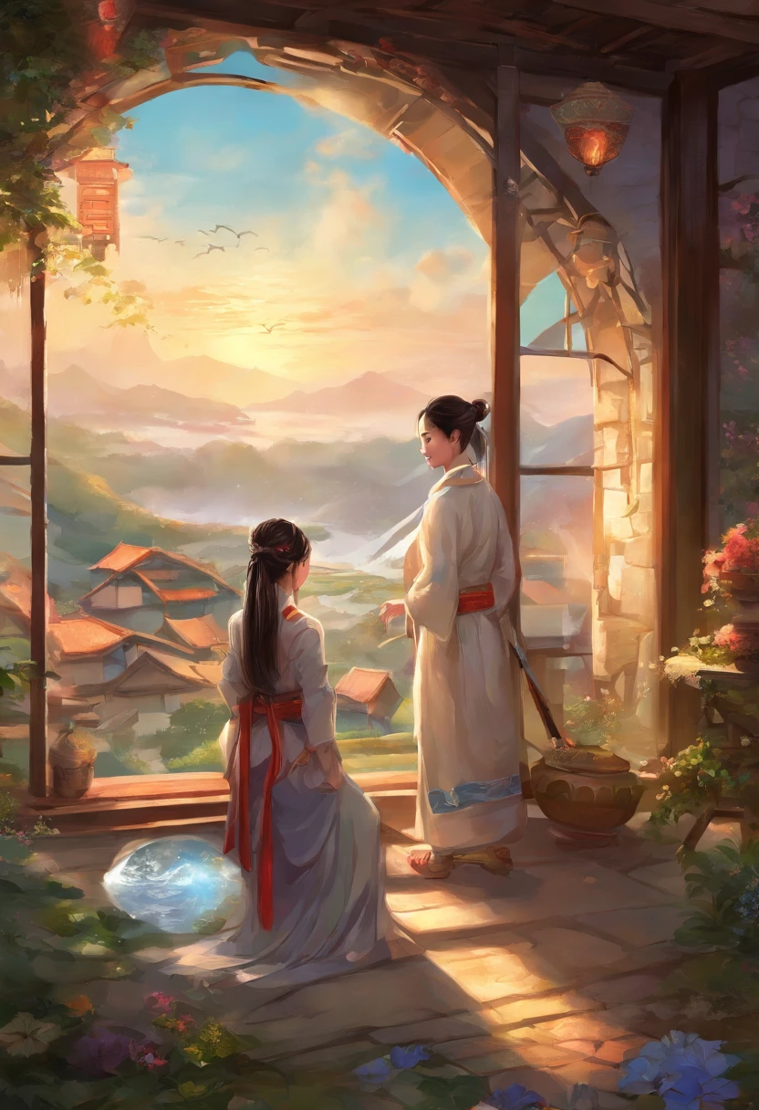 Outside the round window, there is a backdrop of the Joseon Dynasty with thatched houses and hanoks, And inside the window is a family house in an apartment in the city. A woman in a ponytail is holding a sword and looking out the window. With a solemn appearance.