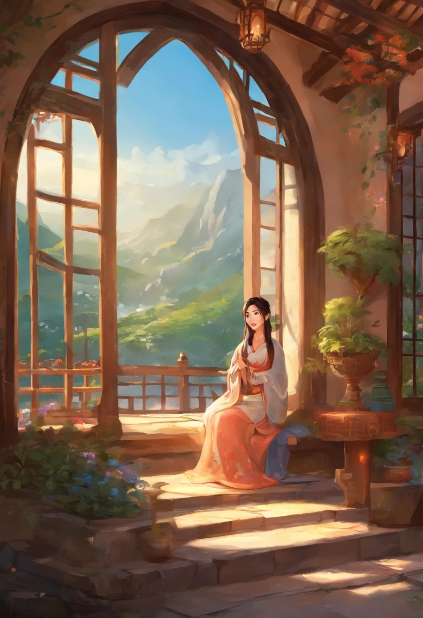 Outside the round window, there is a backdrop of the Joseon Dynasty with thatched houses and hanoks, And inside the window is a family house in an apartment in the city. A woman in a ponytail is holding a sword and looking out the window. With a solemn appearance.