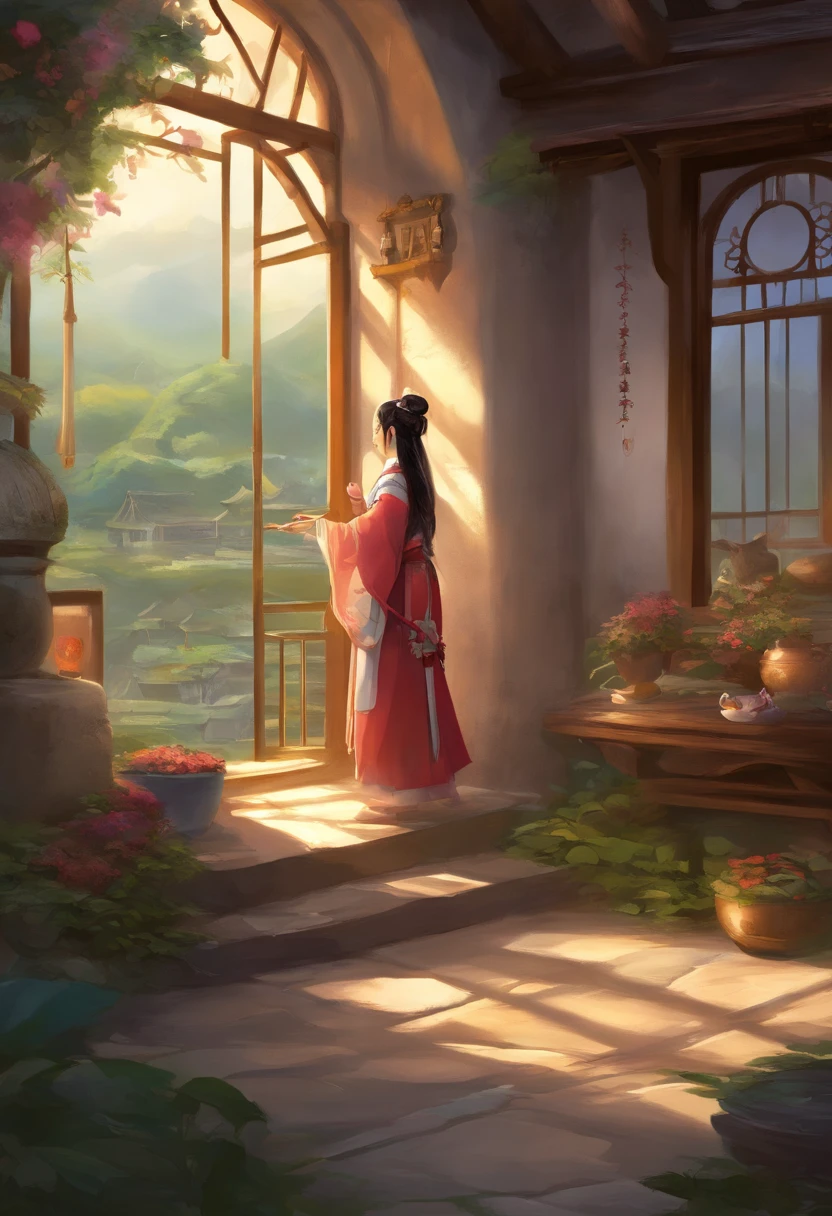Outside the round window, there is a backdrop of the Joseon Dynasty with thatched houses and hanoks, And inside the window is a family house in an apartment in the city. A woman in a ponytail is holding a sword and looking out the window. With a solemn appearance.