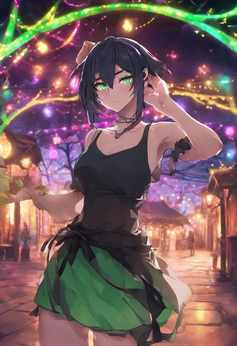 Anime femboy , with black hair tied like a ponytail, green eyes, wearing crop tops, black mini skirt, high top sneakers, earrings, full body pose, night place with neon lights