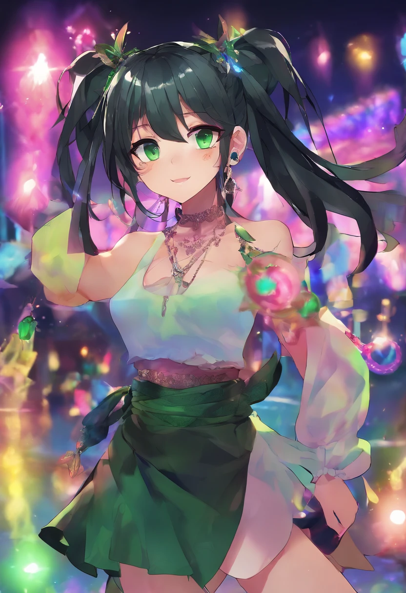 Anime femboy , with black hair tied like a ponytail, green eyes, wearing crop tops, black mini skirt, high top sneakers, earrings, full body pose, night place with neon lights