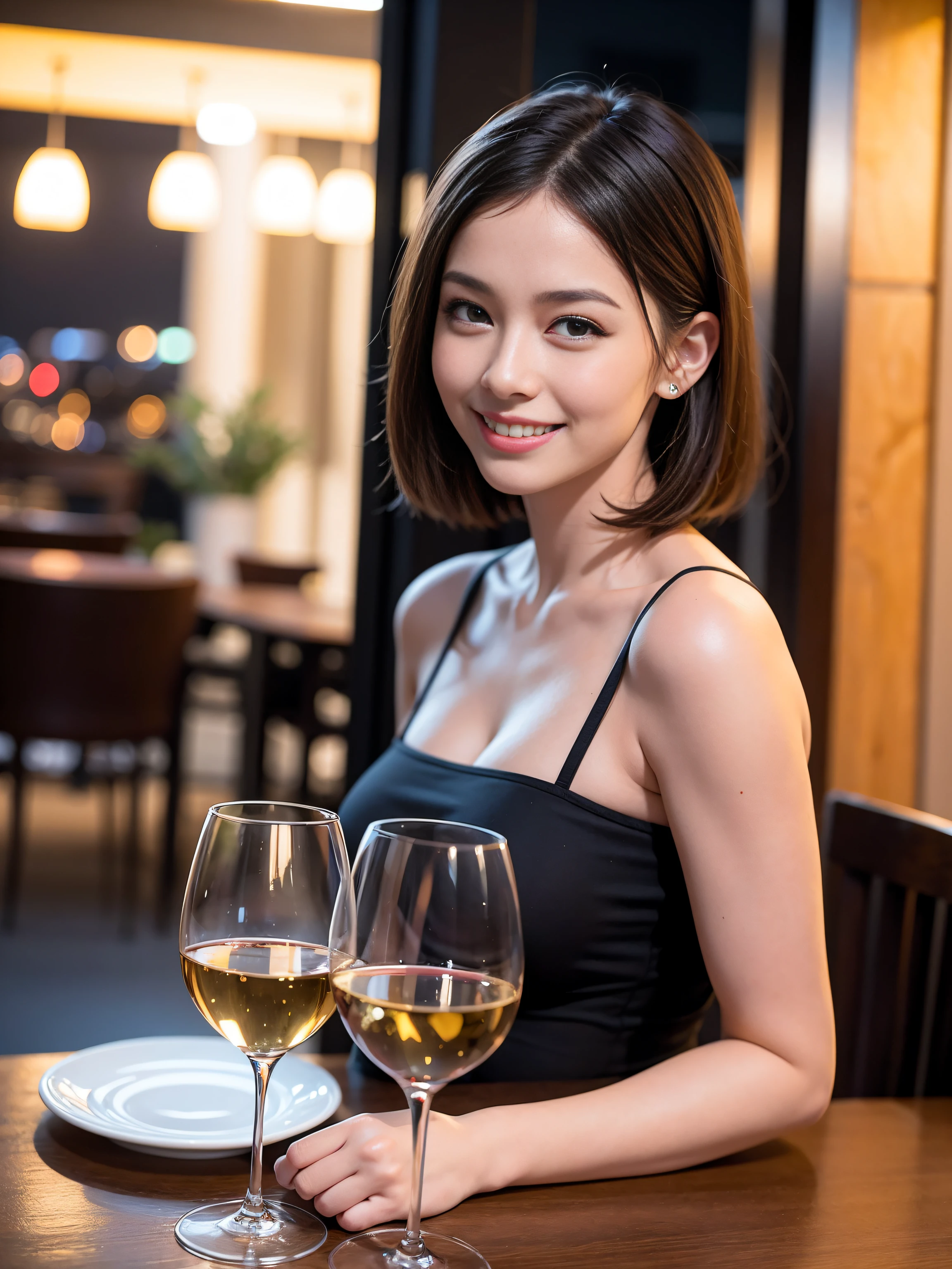(64K, UHD, top quality, masterpiece: 1.2), (realistic, photorealistic: 1.37), super detailed, pretty woman 1 person, (slim face), (slim body), (brown hair), (short cut), cheeks slightly blushing, (35 years old), 38 years old, solo, beautiful detailed urban night view outside the window, restaurant, wine glasses sit, at night, in a prominent place (from the waist up) NovaFrogStyle, Actress, Model, Waist Up, White Wine, Slim, Wine Glass, Super Clean Night View, Wine Glass Put in the Middle, Happy Smile, (Smile: 1.15), Beautiful Fine Eyes, Upper Body, Bust Japan Up, Night, Short, Short, Actress, Model, Waist Up, White Wine, Slim, Wine Glass, Super Clean Night View, Wine Glass Put in the Middle, Happy Smile,
