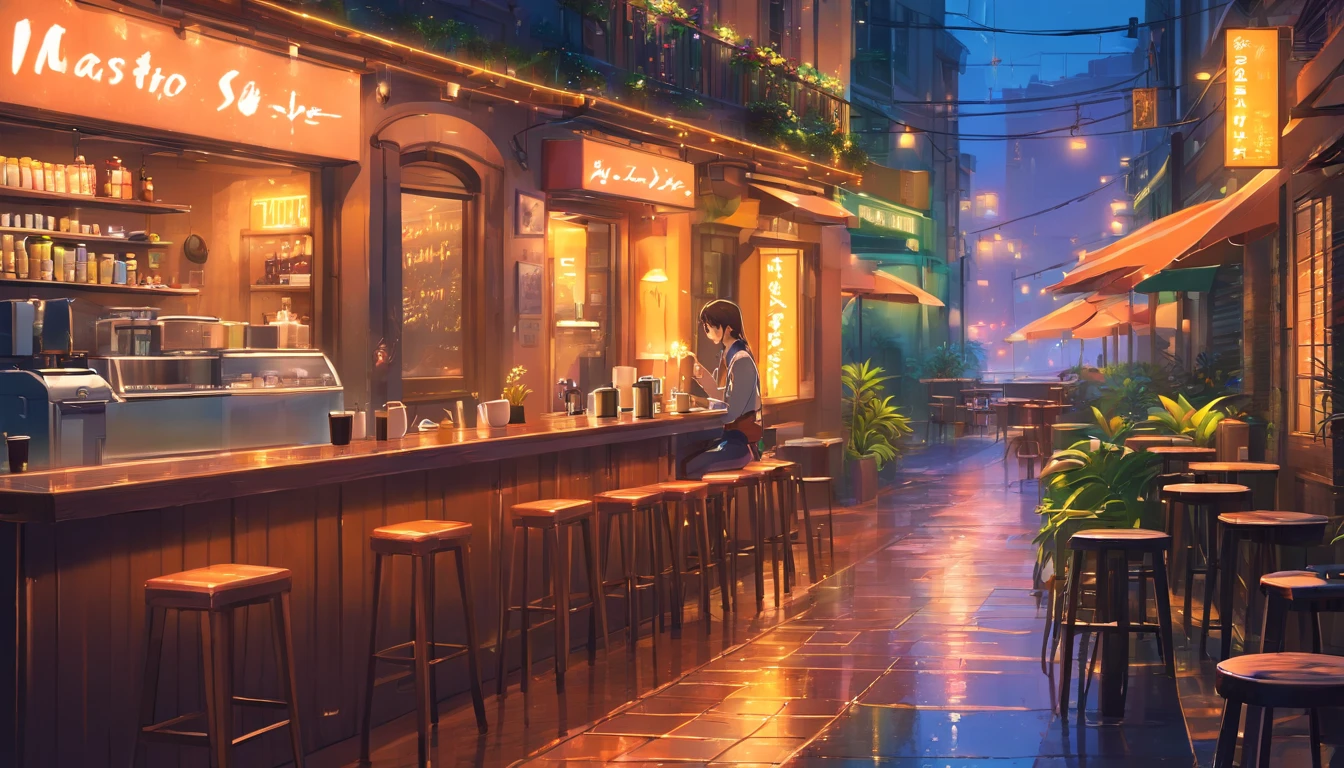 Italian, evening, coffee shop, beer, long sleeves, table, chair,(neon-lit night scene),(low-fi coffee shop),(vibrant colors),(detailed coffee cup),(reflections on the table), (nostalgic vibes), (artistic painting style),(cozy atmosphere), (realistic textures), (coffee aroma in the air), (people chatting and laughing), (street view), (soft shadows), (dark alleyway), (city lights), (rainy weather), (raindrops on the windowpane), (blurred background), (decorative interior design), (aesthetic vibe), (indoor plants), (glowing neon sign), (barista preparing coffee), (smoke from the coffee machine), (an artistic slow-paced moment), (customers enjoying their drinks), (latte art), (music playing in the background), (steaming hot coffee),(floral patterned plates), (warm color tones), (cozy seating arrangement), (rustic wooden tables), (intimate ambiance), (bokeh lights), (candid moments captured), (artistic lighting effects), (dreamy atmosphere), (stylish bar counter), (traces of coffee spills), (artwork on the walls).
