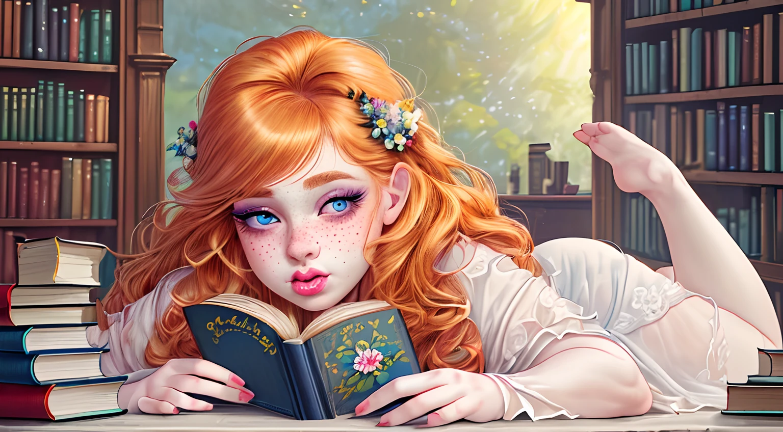 (best quality,highres),(realistic),(portrait),(studio lighting),(vivid colors),(soft),(chubby),(pale skin),(freckles),(strawberry blonde),(blue eyes),(big eyelashes),(big lips),(long hair with curled tips),(flowers),(books), Plus size, chubby, big hips, big waist, big thighs, long hair with curled tips, pale skin, freckles, strawberry blonde, blue eyes, big eyelashes, big lips, flowers, books, full body image, beautiful dress