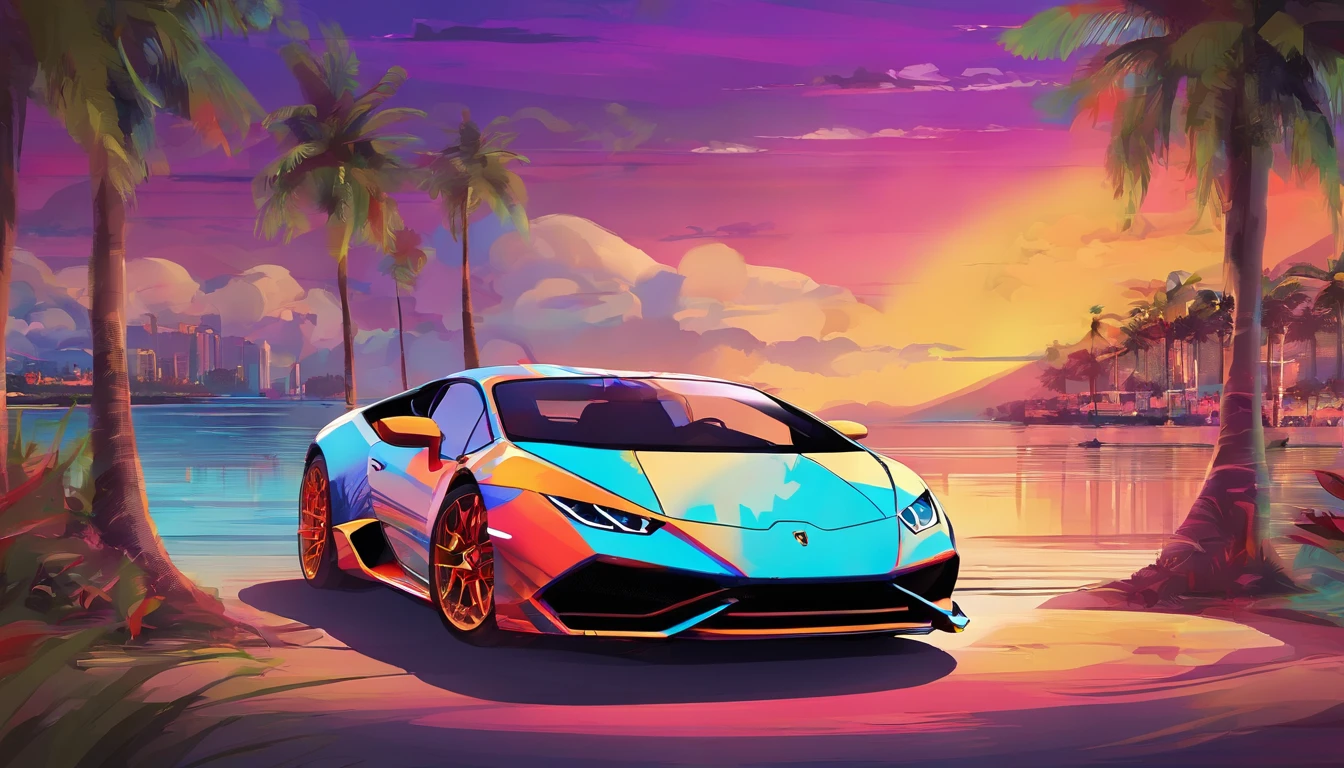 3d , high-quality , artistic , graphic art design of a Lamborghini Huracan sto 2023 , colorful, highly detailed, vector image, realistic masterpiece, , realistic car, amazing vector colour Miami city colourful sunset background with palm trees, colourful artistic background, , 8k