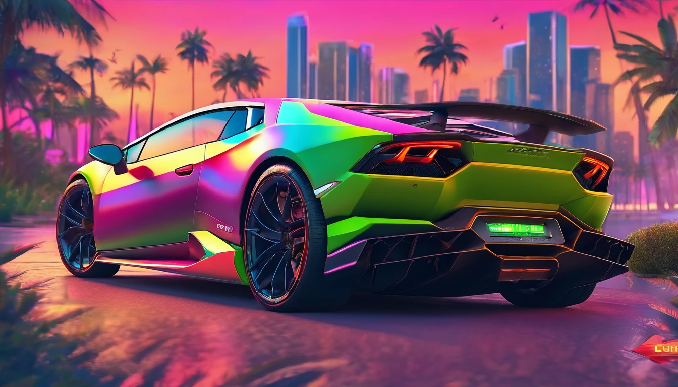 3d , high-quality , artistic , graphic art design of a Lamborghini Huracan sto 2023 , colorful, highly detailed, vector image, realistic masterpiece, , realistic car, amazing vector colour Miami city colourful sunset background with palm trees, colourful artistic background, , 8k