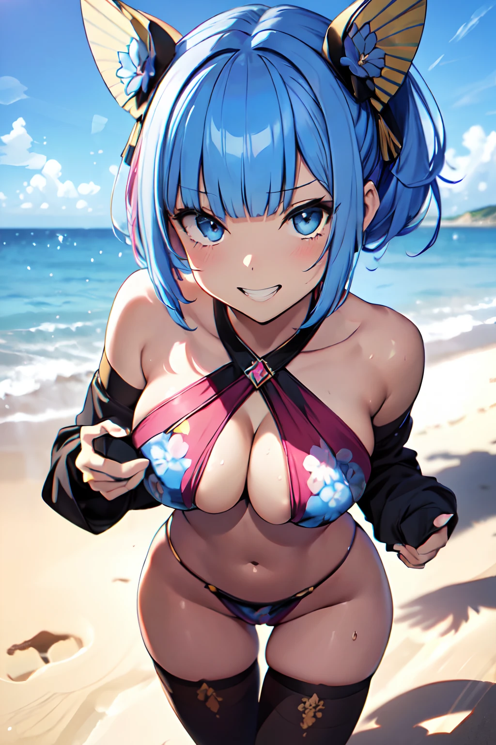 Illustration of a cute model girl, (Anime style:1.2), masutepiece, Best Quality, ultra-detailliert, 4K, absurderes, hight resolution,(((masutepiece, Best Quality)))((masutepiece:1.5)), (Best High Quality, 超A high resolution, The ultra -The high-definition, 4K:1.3),(((Perfect hands, Perfect fingers, Perfect legs))),1womanl, Looking at Viewer ,Full body shot, 20 years old, ((Light blue eyes)),((Round eyes)), Sweat, White skin, (((skinny))), Sweat,((Shiny body, Shiny skin,)), (((masutepiece, Best Quality)))((masutepiece:1.5)), (Best High Quality, 超A high resolution, The ultra -The high-definition, 4K:1.3), (((Blunt bangs:1.3))), (((Pink bob hair))), (((blue colored inner hair:1.3))),(((blue streaked hair:1.3))), ((Blue eyes)), ((White skin)),((((Shiny body, Shiny skin,)))), ((Shiny body, Shiny skin, bursting milk in the same way)),(爆乳:1.6),the pose , Cute girl illustration, Anime style, (High color contrast:1.2), masutepiece, Best Quality, ultra-detailliert, absurderes, hight resolution, BREAK,
1girl in,modeled. Solo, (Early 20s, Lori face:1.6), Dense, Huge green eyes,, shiny eyes, ((Show your teeth and smile:1.5)), long twintail, (((Lower breast))),(爆乳) Same as, Curve, ((Blue butterfly hair ornament)),BREAK,
, (Very tight pachinko bikini with floral pattern:1.4),(slingshot),bobhair, (((zettai_ryouiki))),Ender Boobs,((Black Highleg Shorts)),,BREAK,
plein air, Sunset beach, Horizon, Beautiful sunset sky, Back Light, stop motion, BREAK,
(From the front:1.6), (Close-up of the chest:1.4),Twin-tailed, BREAK,