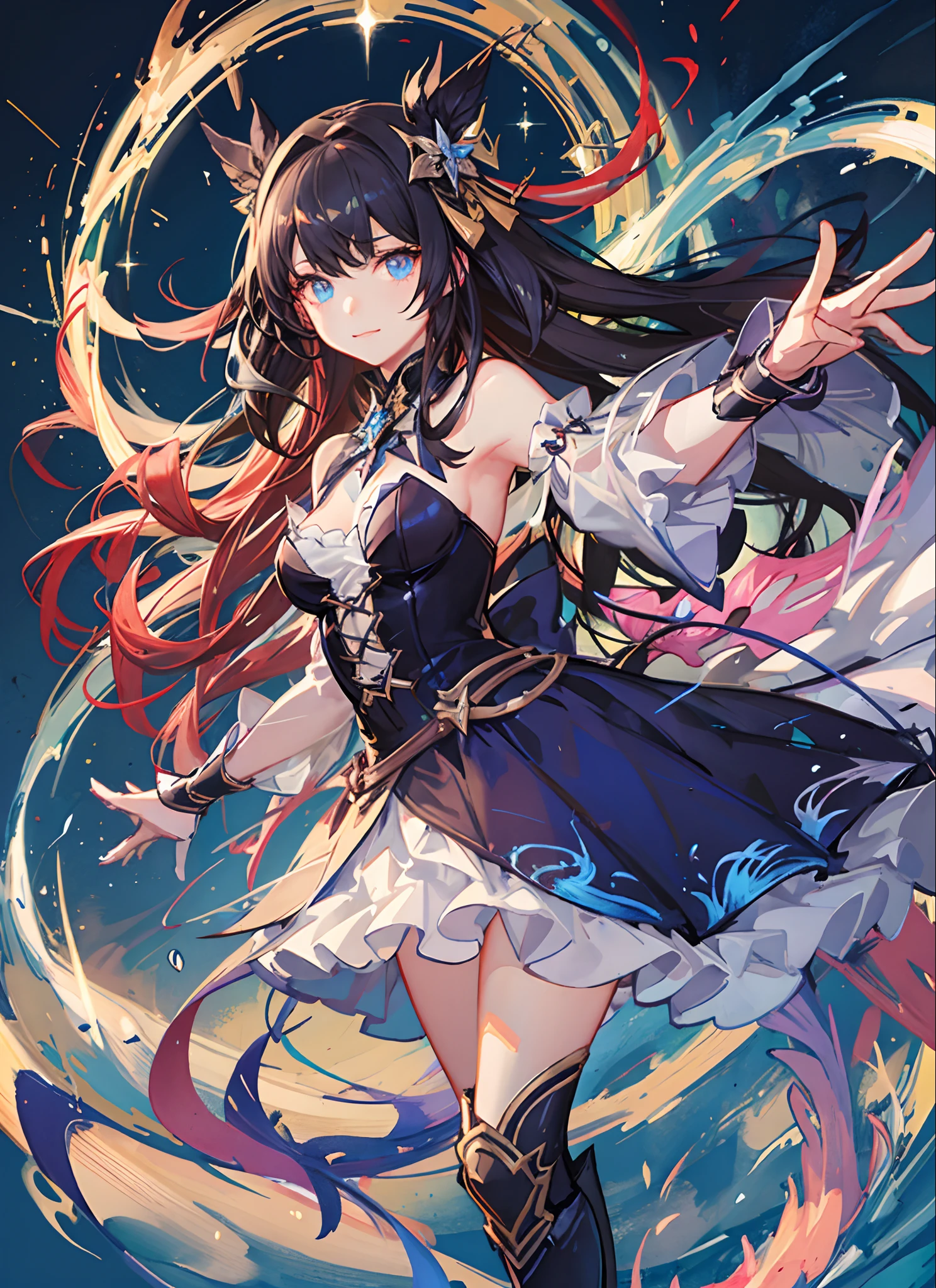 insanely detailed, beautiful, exquisite, masterpiece, absurdres, 16K, fairy woman, dress base on fire,((dress with motif of fire)), giant fairy wings,((smiling,excited, grinning)), floating, left hands on hips, right hand holding fire,looking at viewer, ahoge, bob, covering one eye, wavy hair, red hair, golden eyes, big eyes, tanned skin, slim, piercing, earrings, choker, black background, with a big explosion in the background, fantasy, romantic academia, hard-edged, from above, from front, dramatic lighting, cinematic lighting, volumetric lighting, dynamic lighting