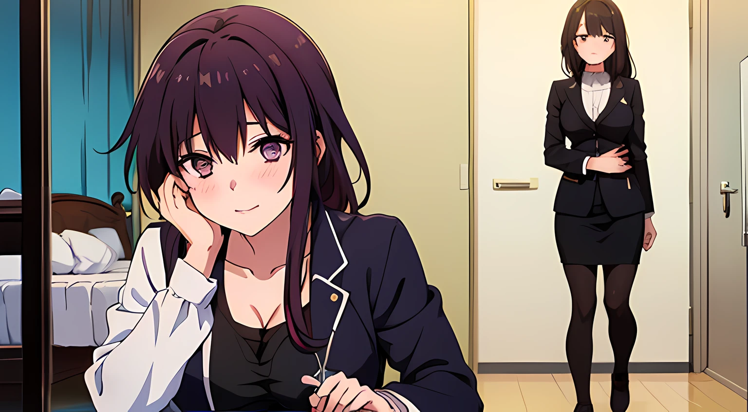 2 girls with different profession, one of them is business woman, and the other is a doctor with stethoscope on her neck, long hair, lay on bed, shy, blush on their face, teasing at the camera, camera angle from floor, looking at viewers, full body, best quality, masterpiece