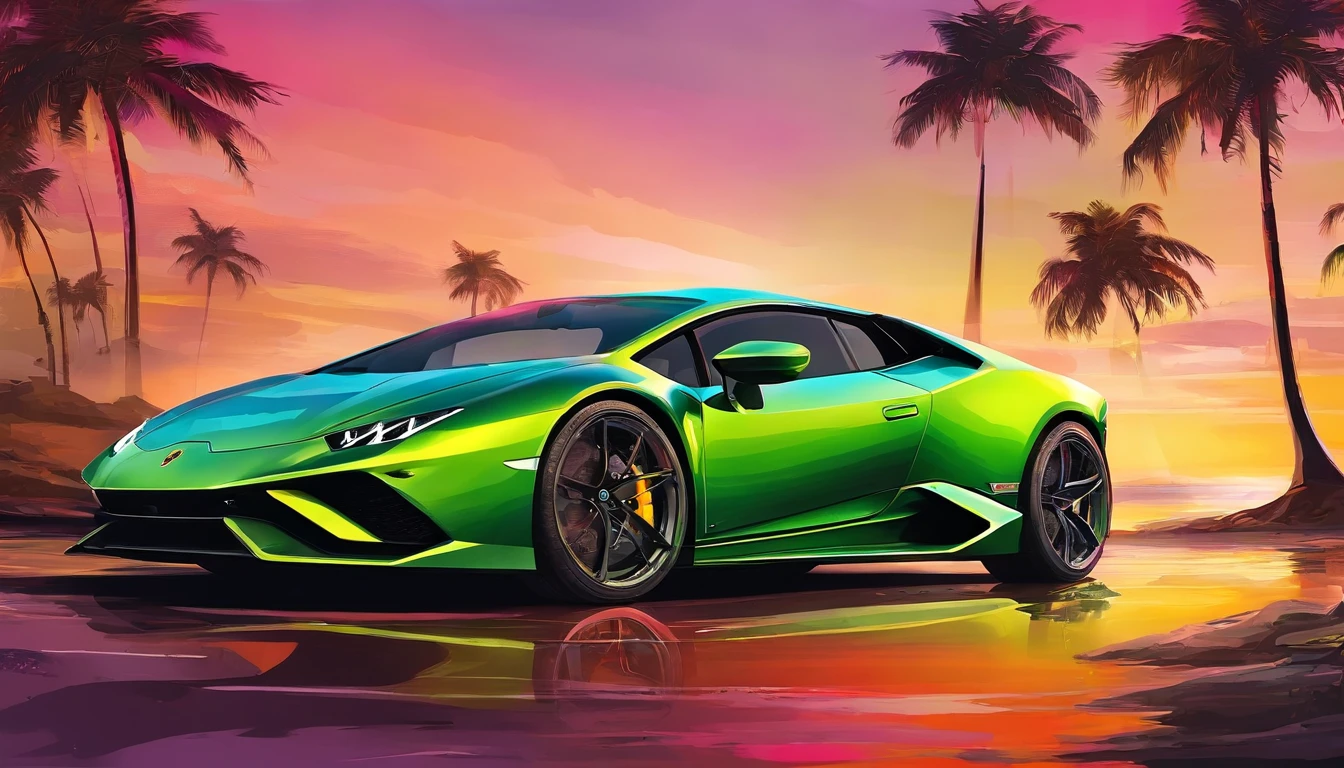 3d , high-quality , artistic , graphic art design of a Lamborghini Huracan sto 2023 , colorful, highly detailed, vector image, realistic masterpiece, , realistic car, amazing vector colour Miami city colourful sunset background with palm trees, colourful artistic background, , 8k