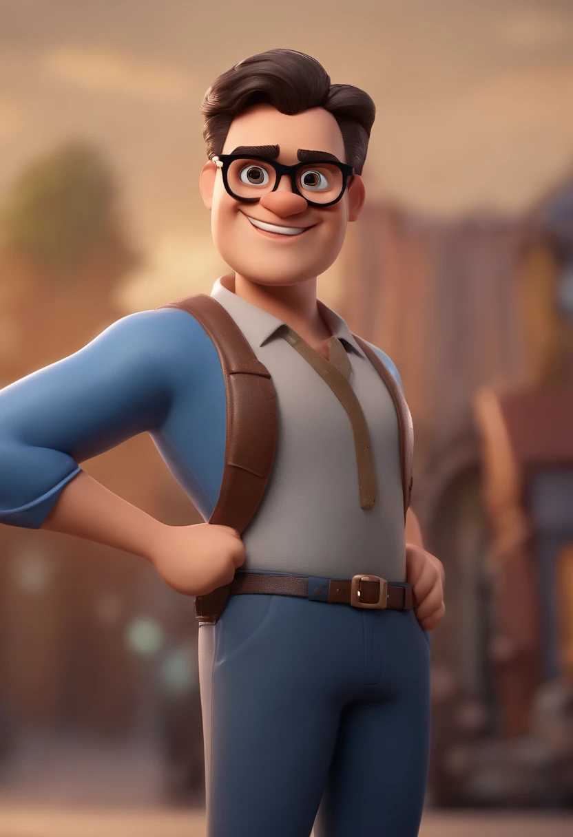 Cartoon character of a man wearing black glasses and a blue shirt, um personagem animado, Caractere estilizado, animation style rendering, 3D estilizado, Arnold Maya render, 3 d render stylized, toon render keyshot, Personagem 3D, Personagem 3D, 3d rendering stylized, 3 d character render, personagem de desenho animado, Personagem de close up, Pose de personagem, (Estilo Pixar) (master part:1.2) (Bokeh) (best quality) (pele detalhada) (textura detalhada) (8k) (argila) (Cinematic lighting) (foco nítido，Senta e vaza a parte superior do corpo