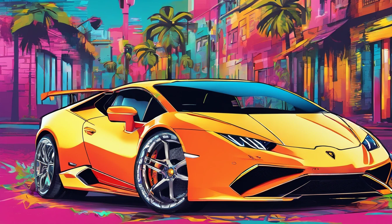 3d , high-quality , artistic ,  graphic art design  of a Lamborghini Huracan sto 2023 , colorful, highly detailed, vector image, realistic masterpiece, , realistic car, amazing vector colour Miami city colourful sunset background with palm trees, colourful artistic  background,  , 8k