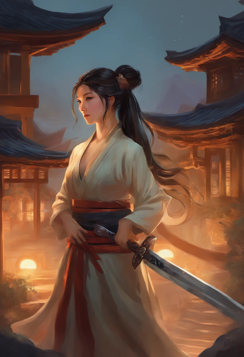 Outside the round window, there is a backdrop of the Joseon Dynasty with thatched houses and hanoks. Time is night. A woman in a ponytail is holding a sword and looking out the window. Women have masculinity. The woman has a strong physique and looks strong. The woman is looking out the window with a solemn look. She seems to be preparing for war.