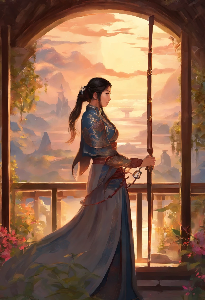 Outside the round window, there is a backdrop of the Joseon Dynasty with thatched houses and hanoks. Time is night. A woman in a ponytail is holding a sword and looking out the window. Women have masculinity. The woman has a strong physique and looks strong. The woman is looking out the window with a solemn look. She seems to be preparing for war.