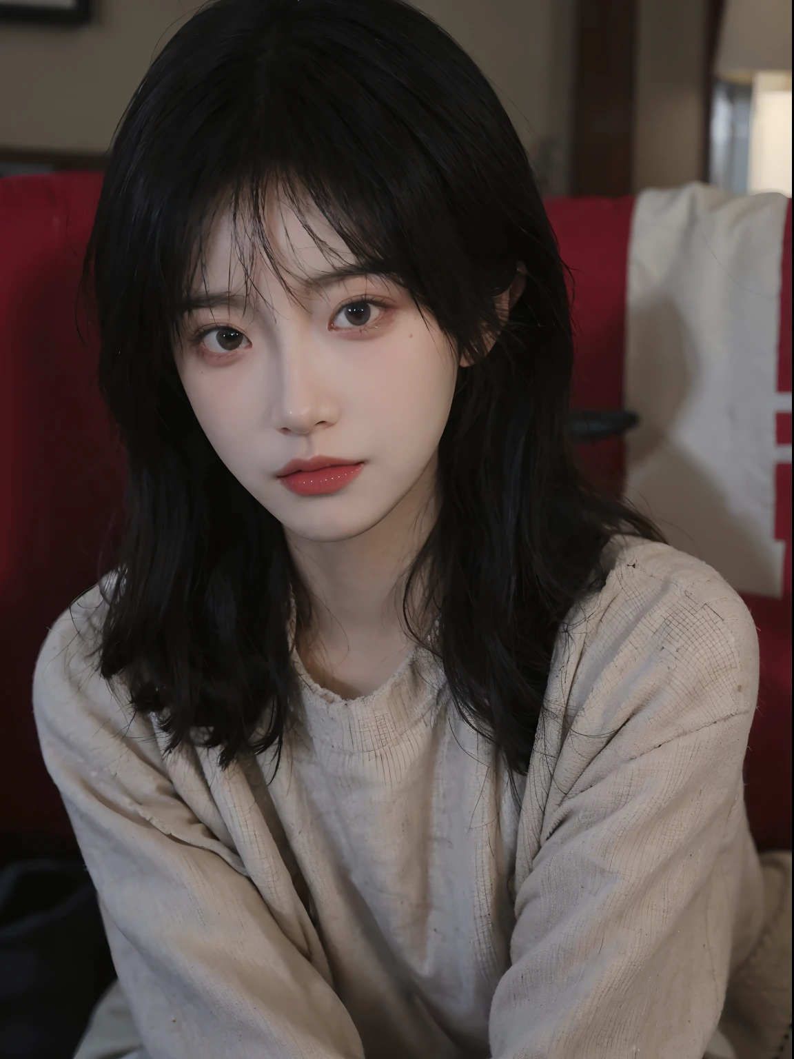 best qualtiy, 超高分辨率, (realisticlying:1.4), A woman with long black hair and a gray sweater, 中景 the scene is, She has black hair,By bangs, young lovely Korean faces, wan adorable korean face, ulzzangs, Shin Jinying, beautiful aesthetic face, Korean face features, Played by Liu Lee Ji Eun ,Beautiful realistic face