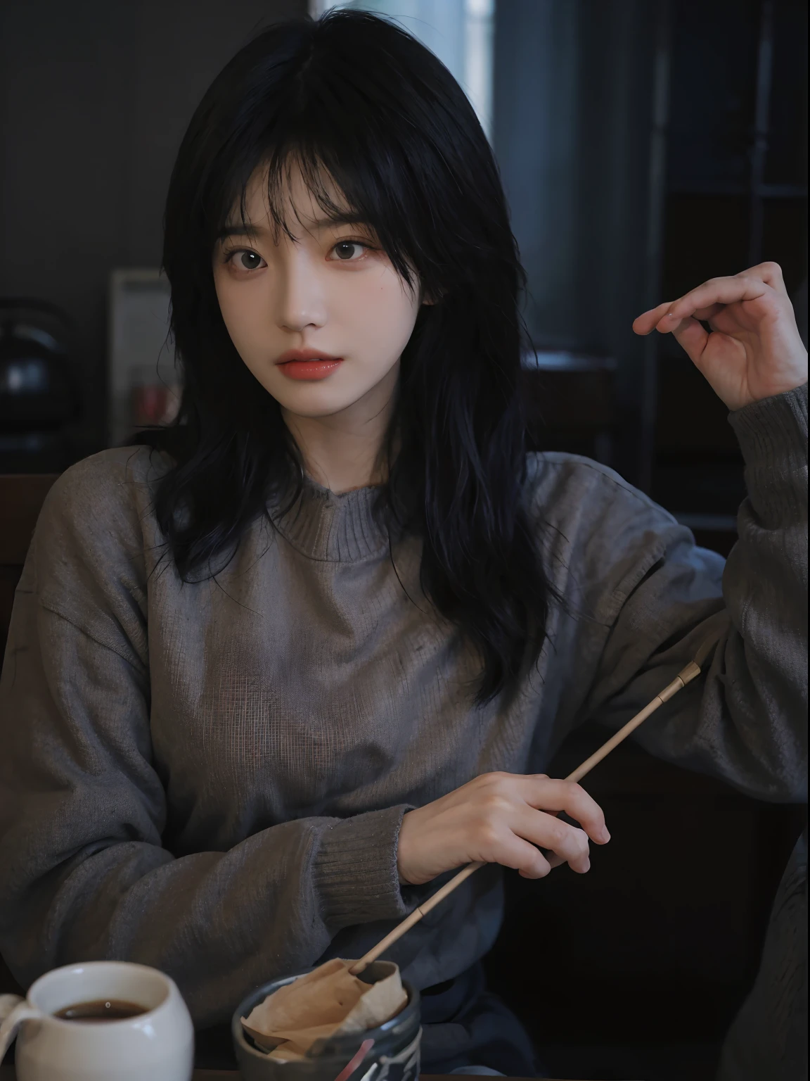 best qualtiy， 超高分辨率， （realisticlying：1.4）， A woman with long black hair and a gray sweater, 中景 the scene is, She has black hair，By bangs, young lovely Korean faces, wan adorable korean face, ulzzangs, Shin Jinying, beautiful aesthetic face, Korean face features, Played by Liu Lee Ji Eun ，Beautiful realistic face